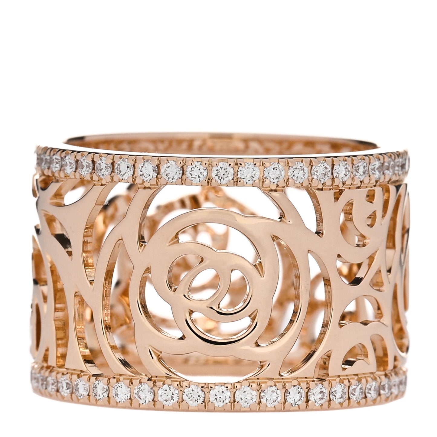 18K Yellow Gold Diamond Camellia Ajoure Band Ring 49 5