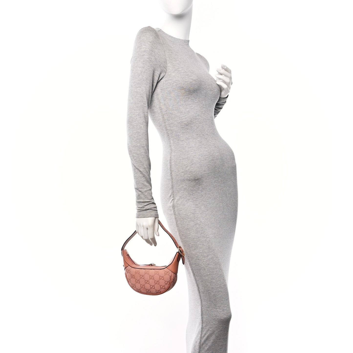 GG Supreme Monogram Textured Calfskin Web Mini Ophidia Half Moon Hobo Rose Pink