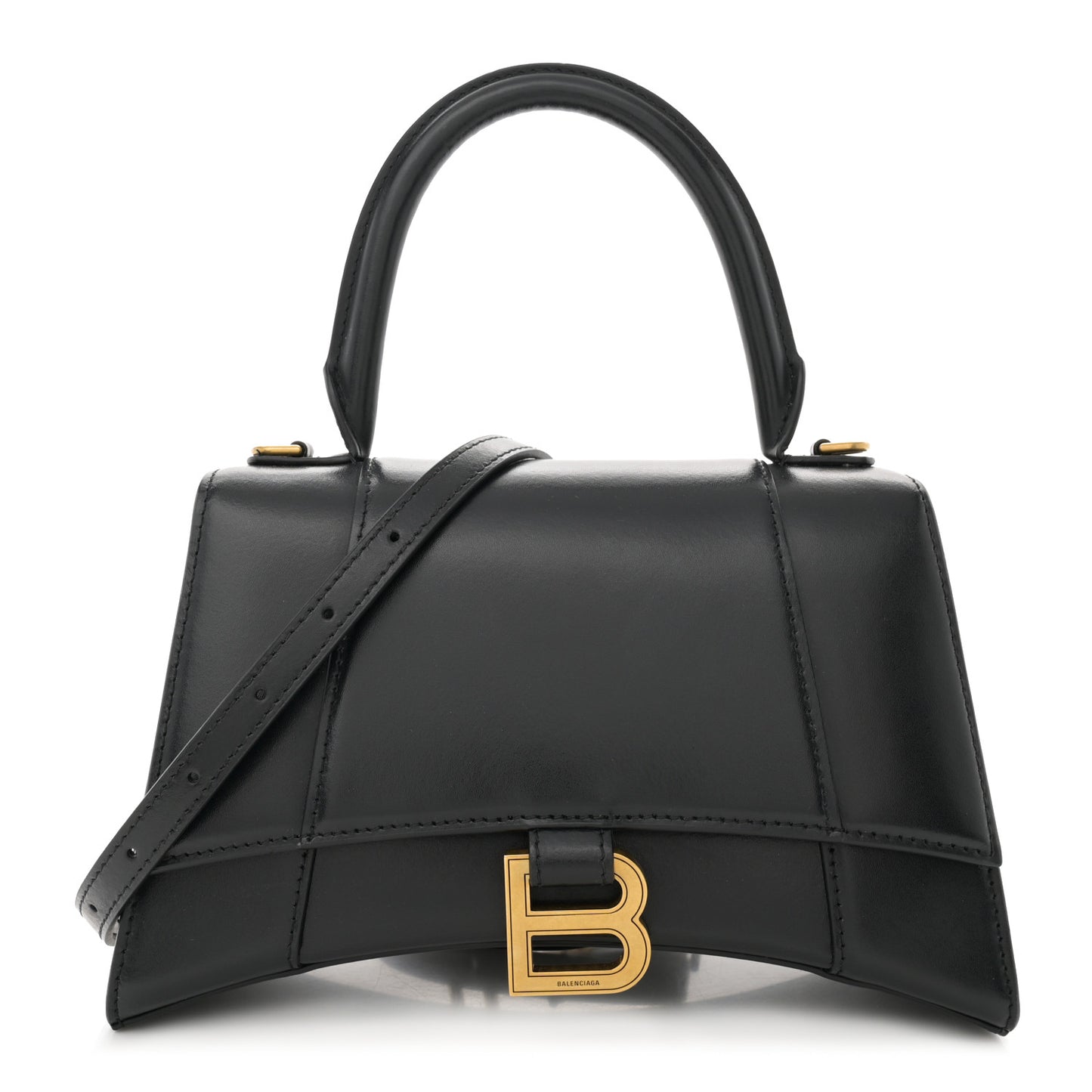 Shiny Box Calfskin Small Hourglass Top Handle Bag Black
