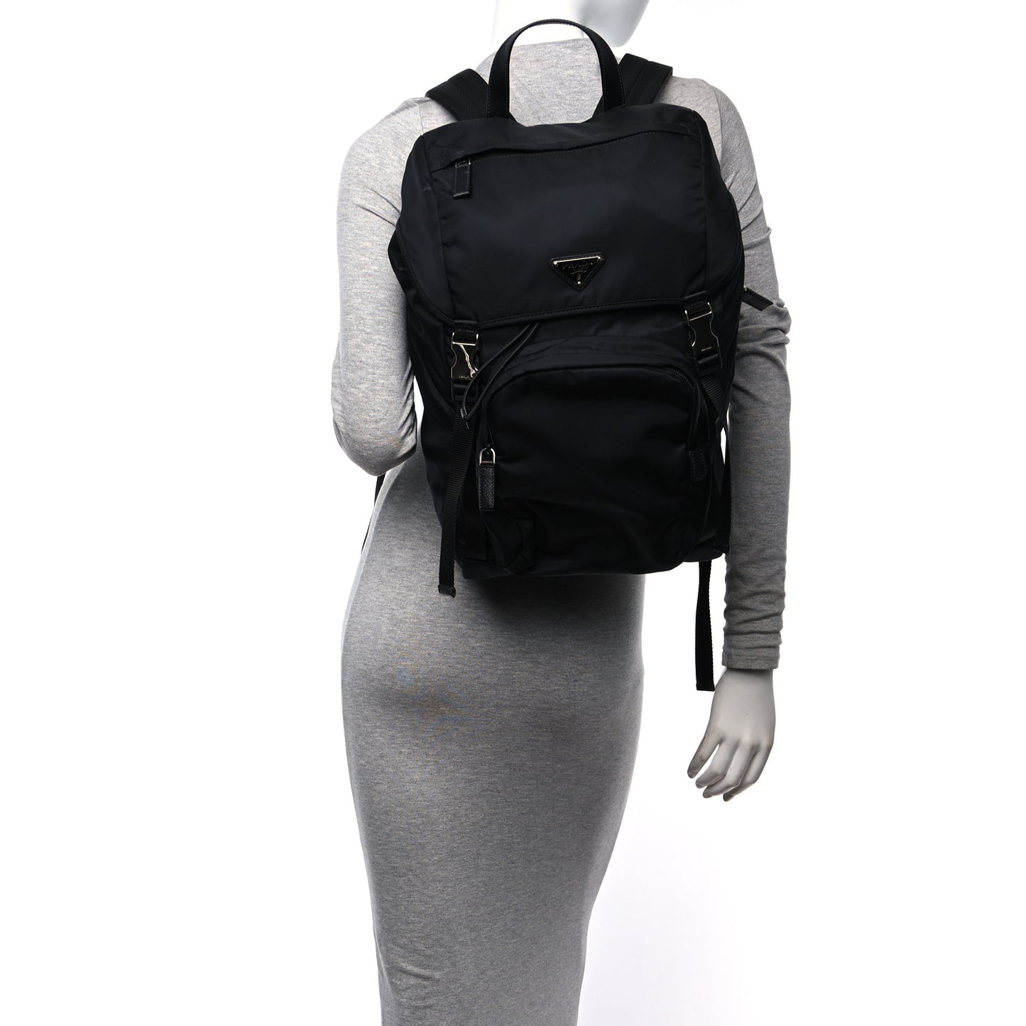 Re-Nylon Saffiano Logo Double Buckle Backpack Black