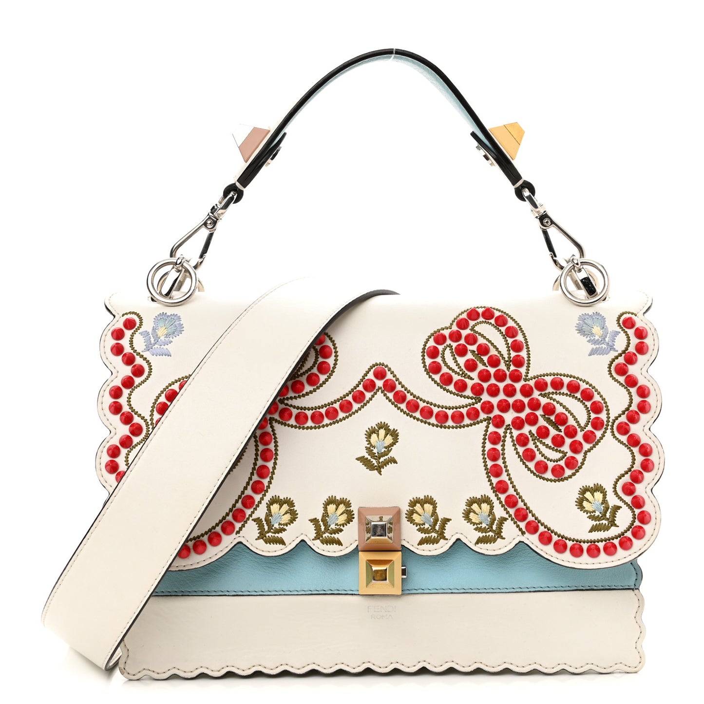 Vitello Liberty Scalloped Studded Flowers and Bows Kan I Shoulder Bag White Multicolor