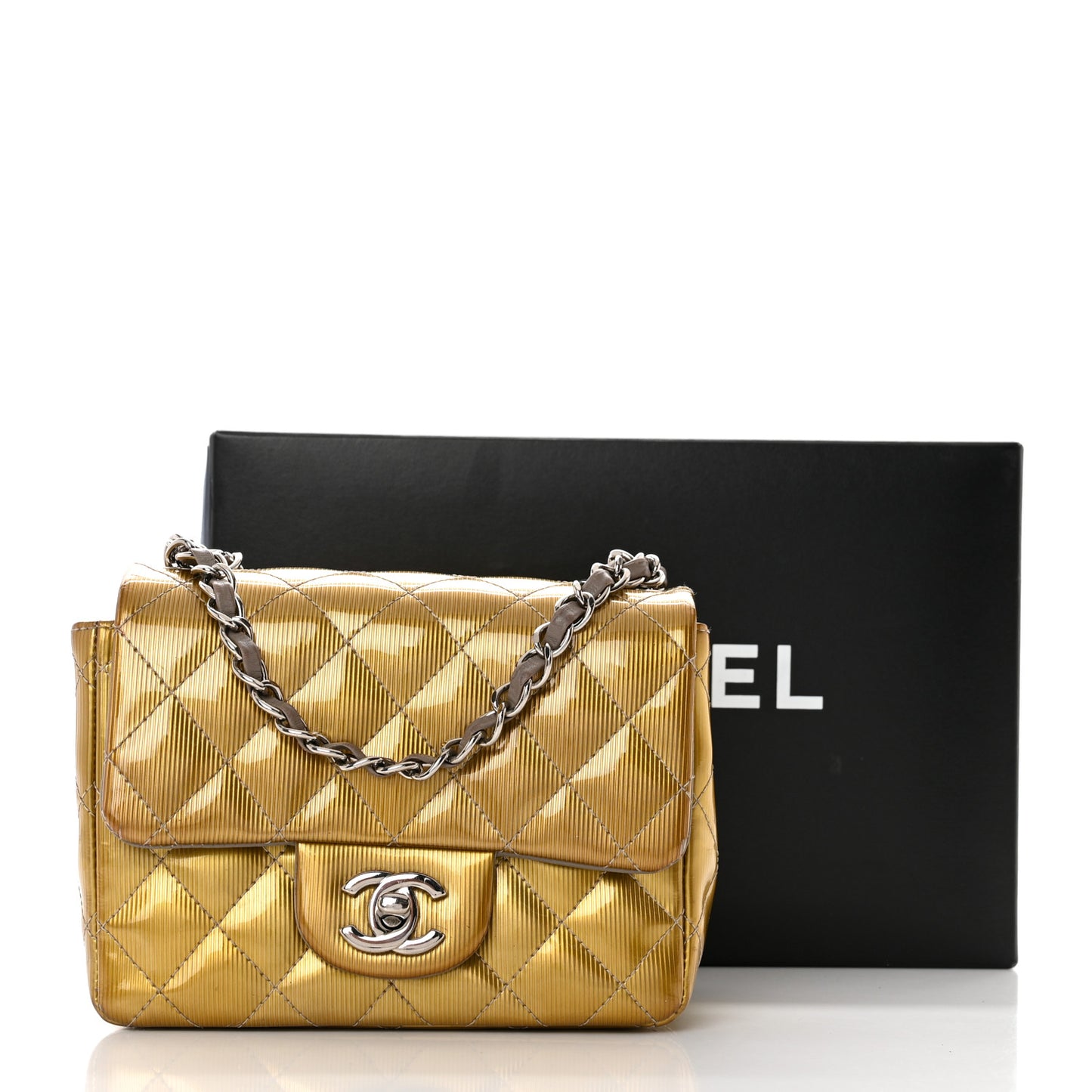 Striated Patent Quilted Mini Square Flap Beige