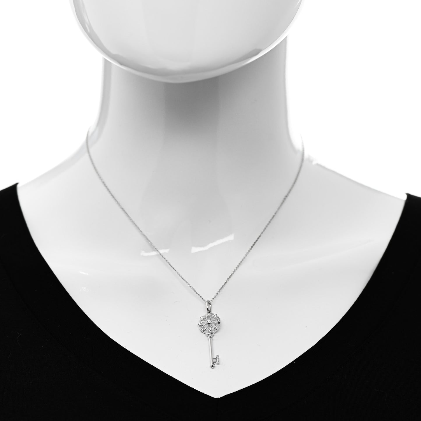 18K White Gold Diamond Floral Key Pendant Necklace
