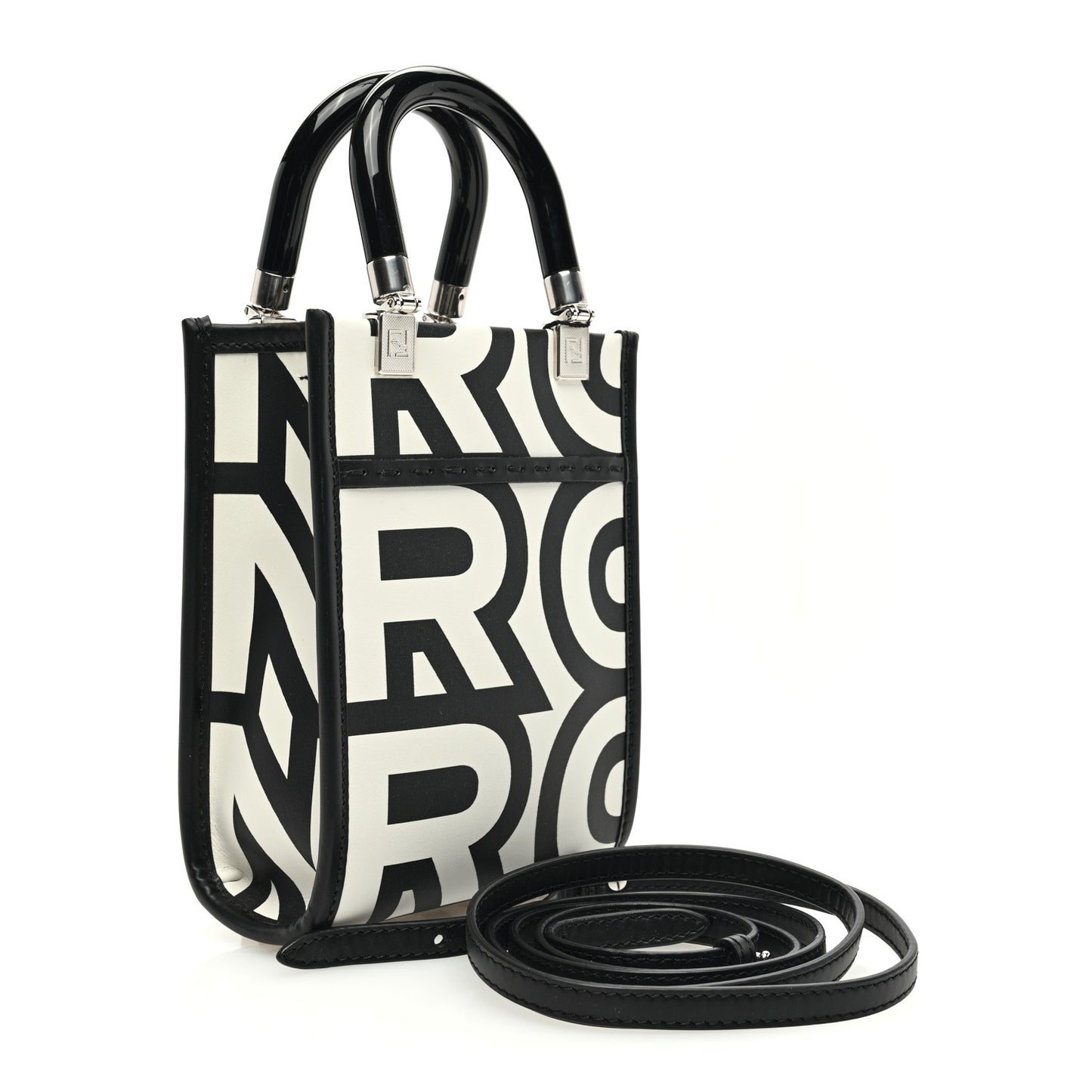 X MARC JACOBS Vitello King Plexiglass Logo Print Mini Fendi Sunshine Shopper Tote Black White