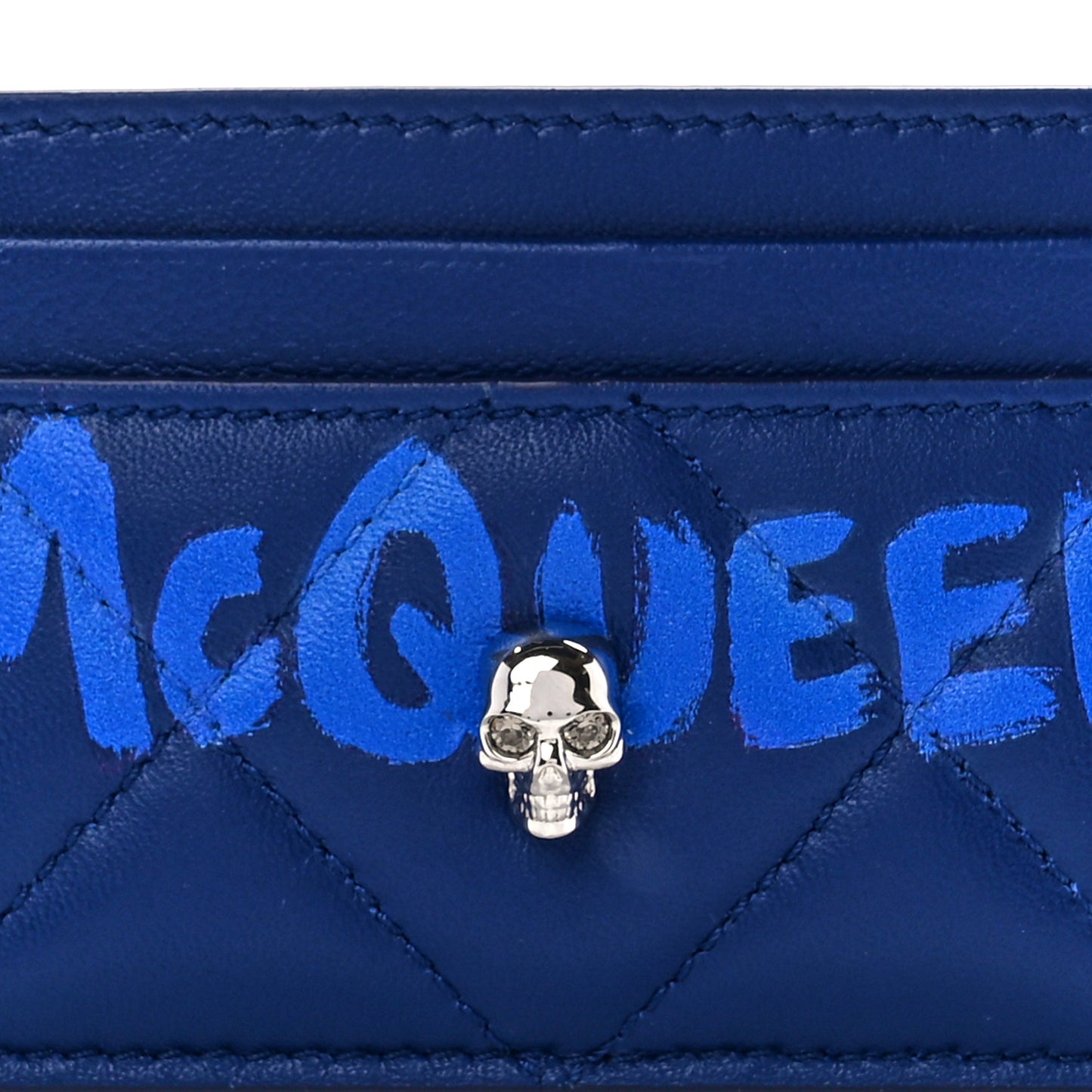 Lambskin Quilted Graffiti Skull Card Holder Blue