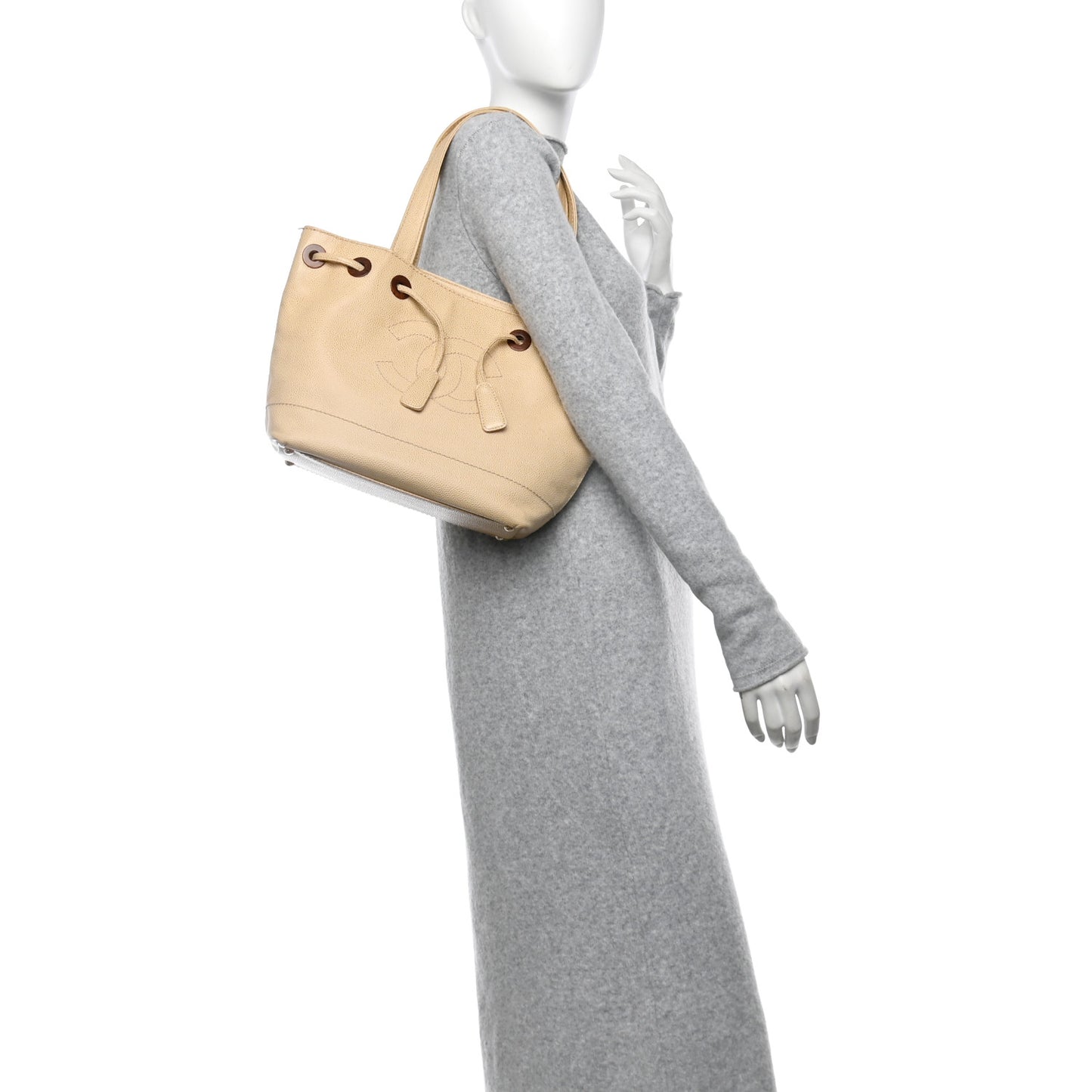 Caviar Wood CC Drawstring Bucket Bag Beige