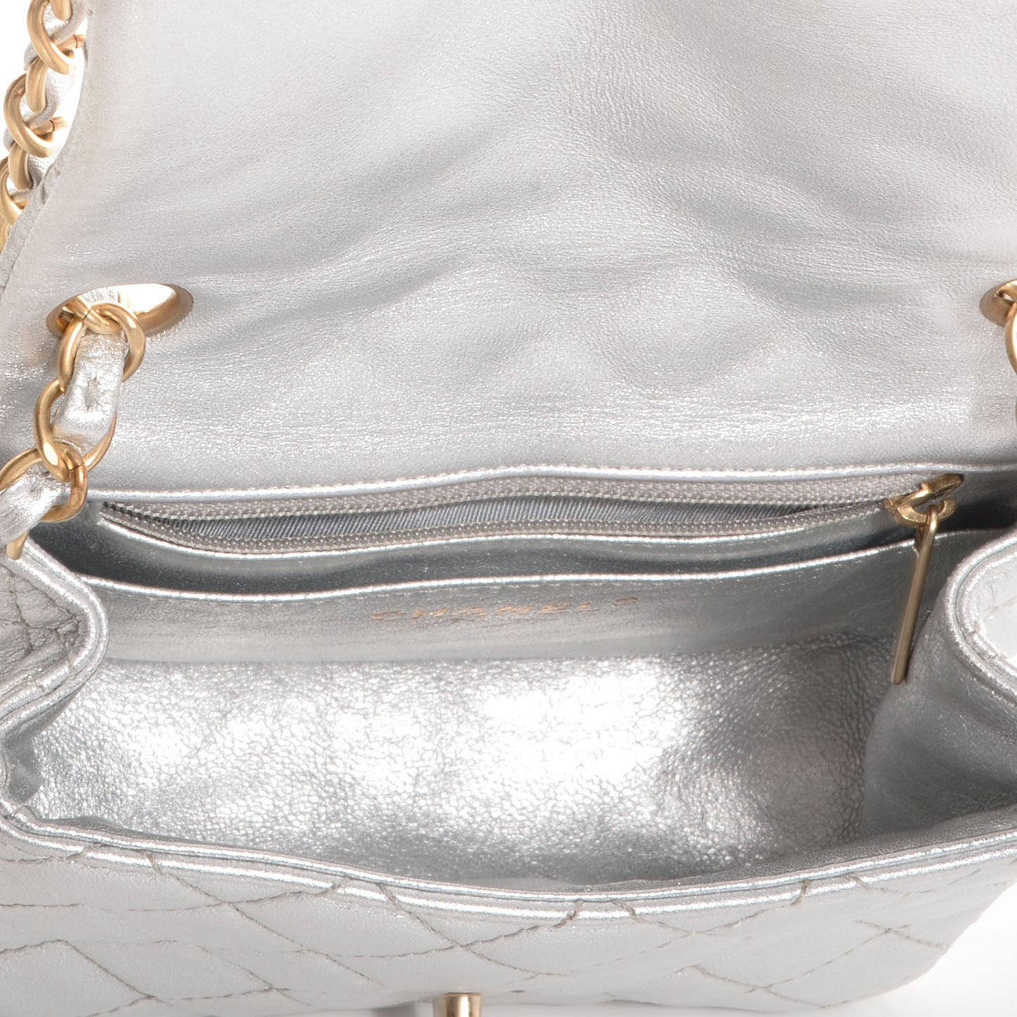 Metallic Lambskin Quilted Mini Square Flap Silver