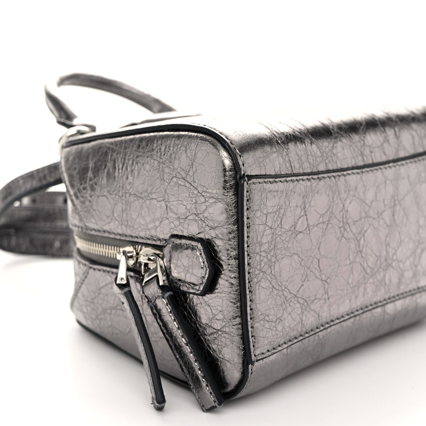 Laminated Lambskin Micro Antigona Cube Bag Silvery Grey
