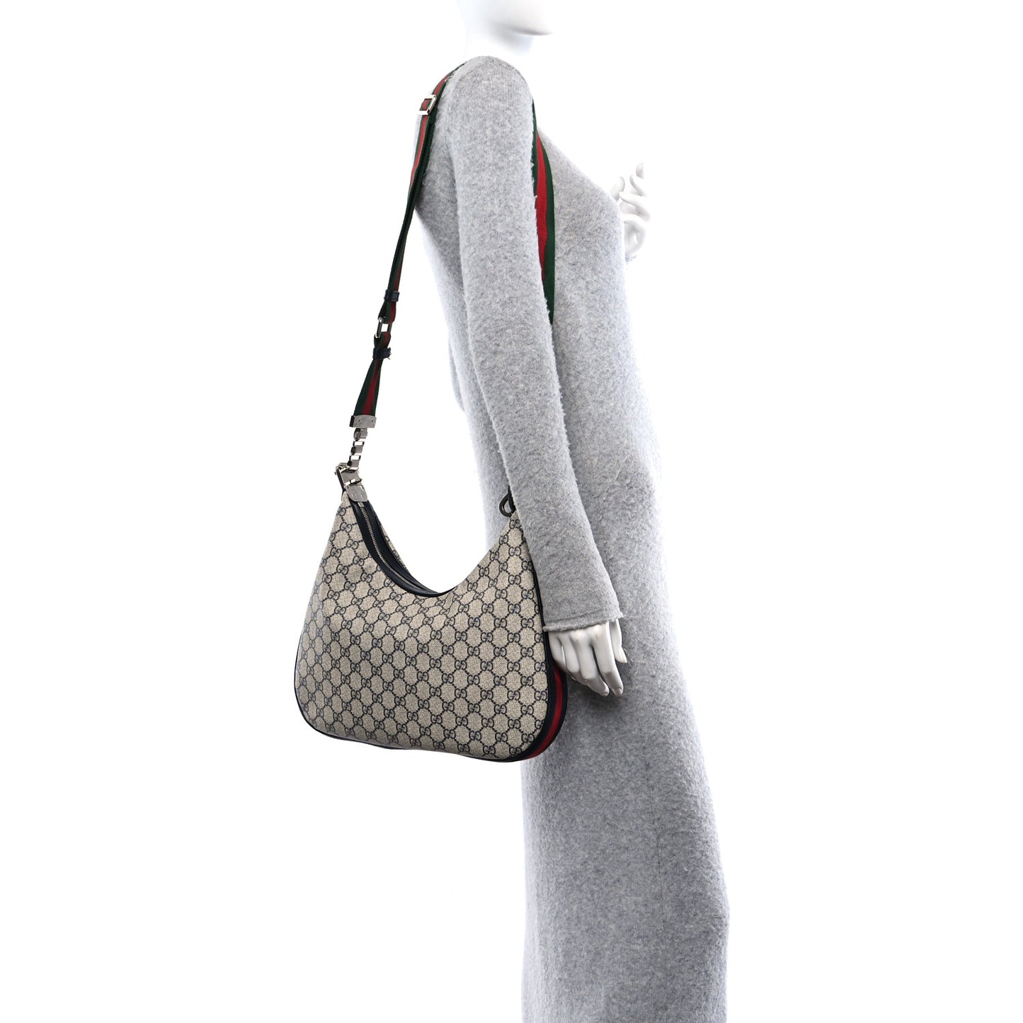 GG Supreme Monogram Textured Calfskin Web Large Attache Shoulder Bag Beige Blue
