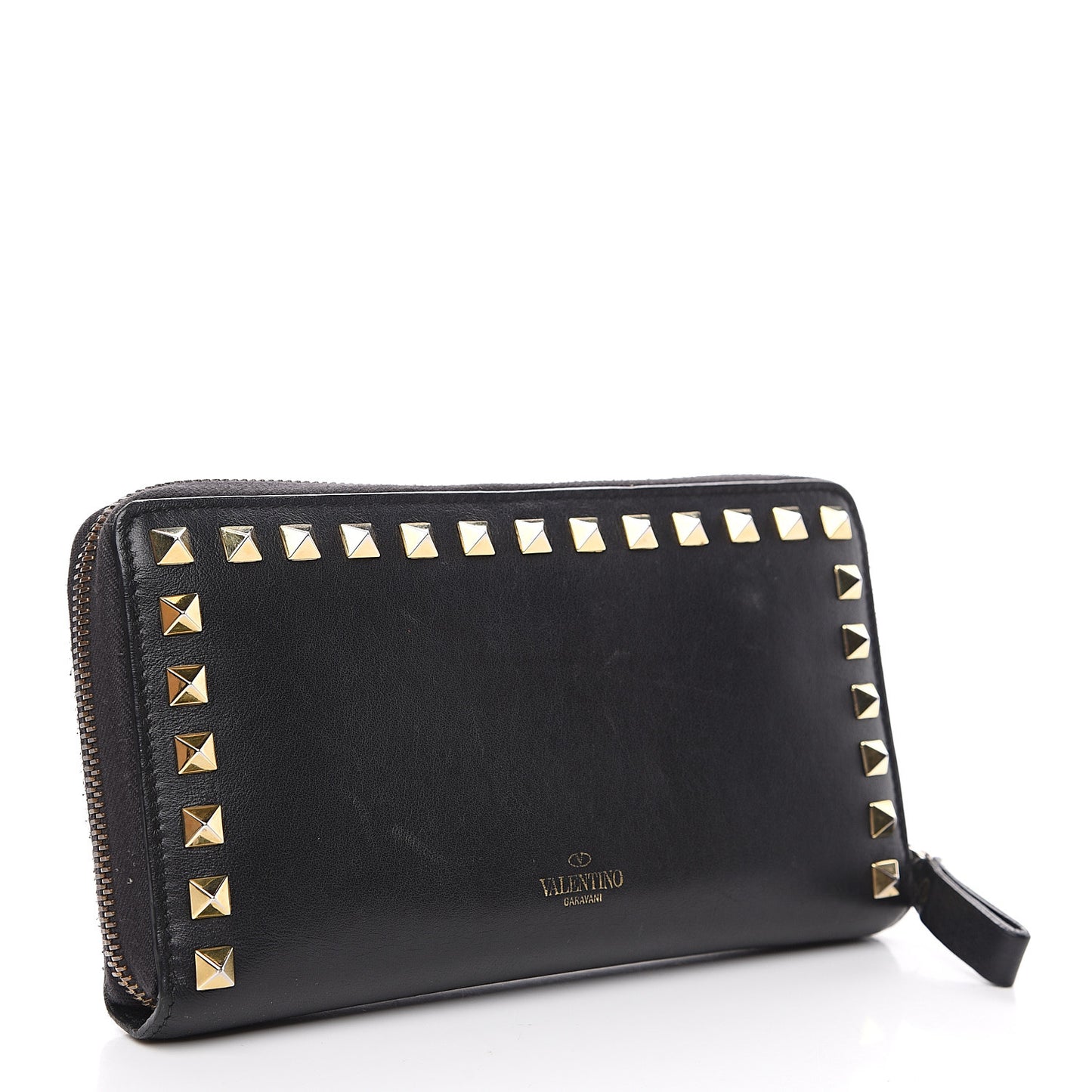 Calfskin Rockstud Zip Around Wallet Black
