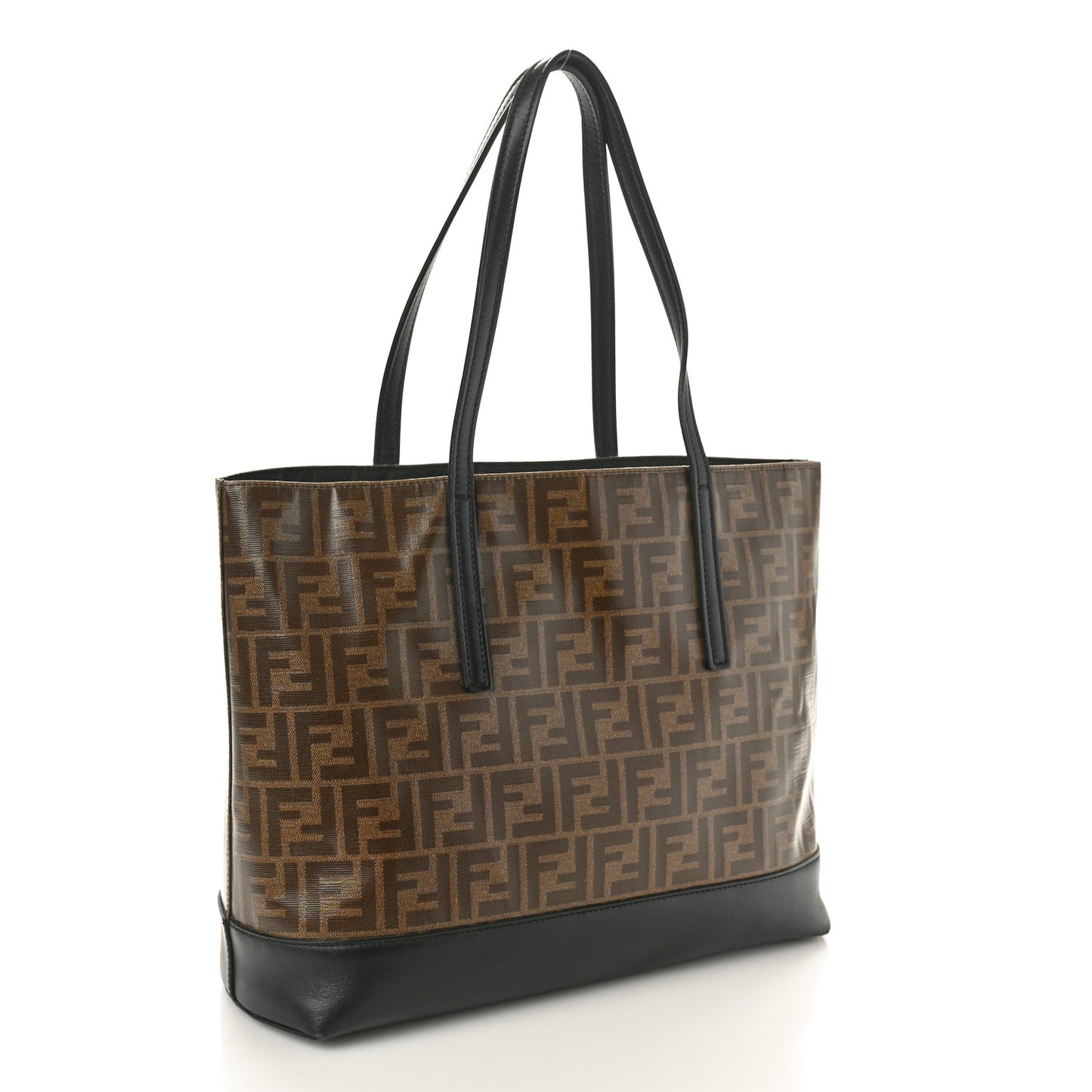 Glazed Fabric Vitello Century FF 1974 Stamp Patch Shopping Tote Mogano Panna Black