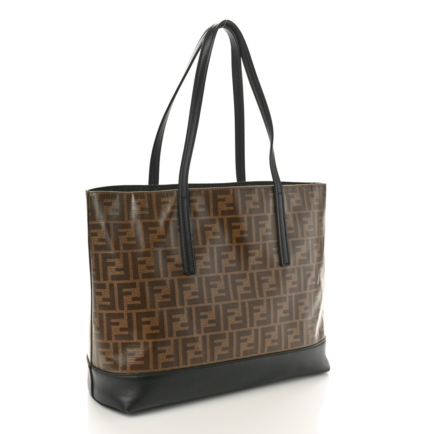 Fendi Glazed Fabric Vitello Century FF 1974 Stamp Patch Shopping Tote Mogano Panna Black 3 of 10