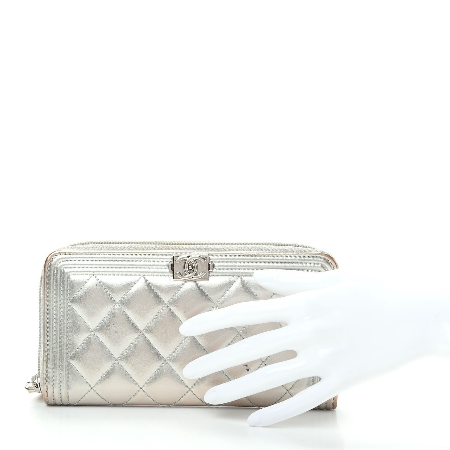 Metallic Calfskin Quilted Boy Zip Around Wallet Silver