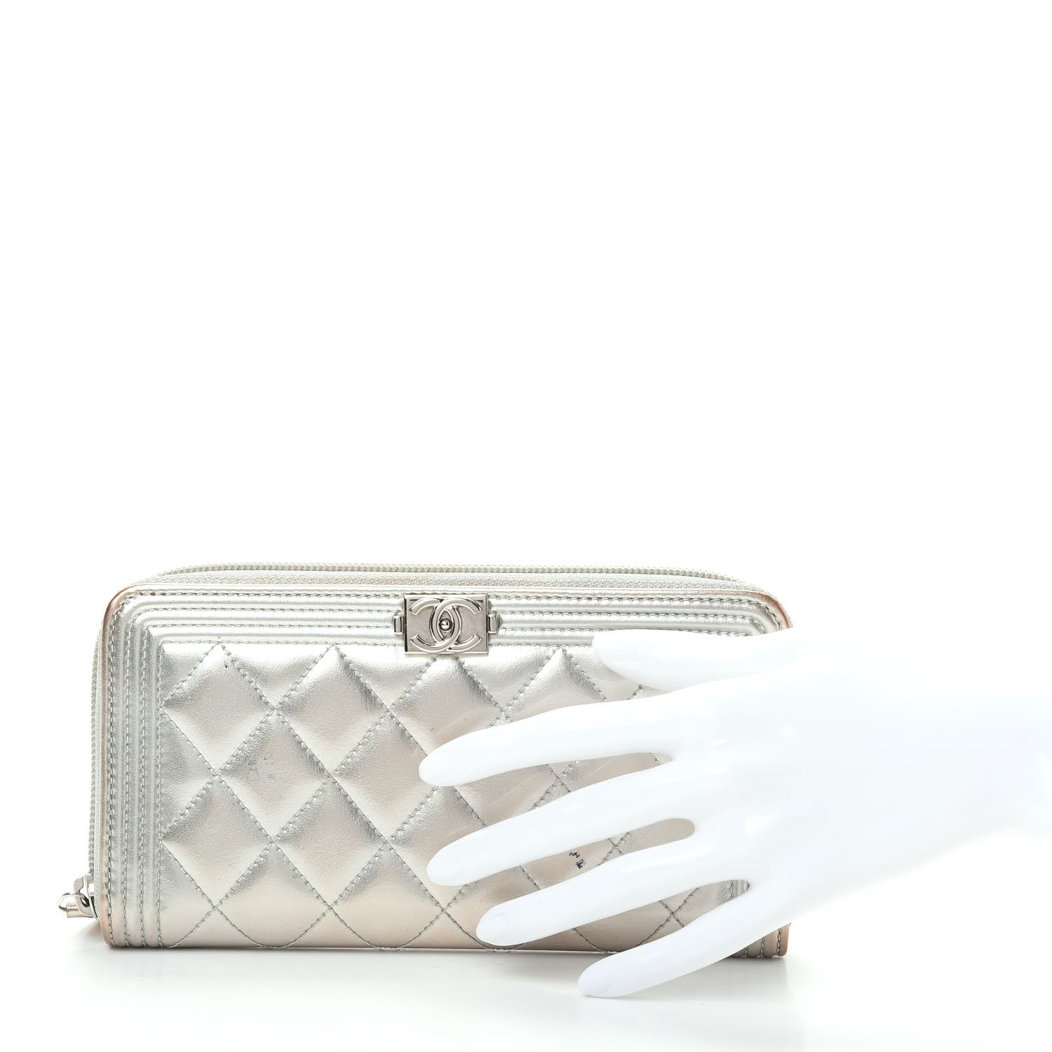 Chanel Metallic Calfskin Quilted Boy Zip Around Wallet Silver 2 of 13