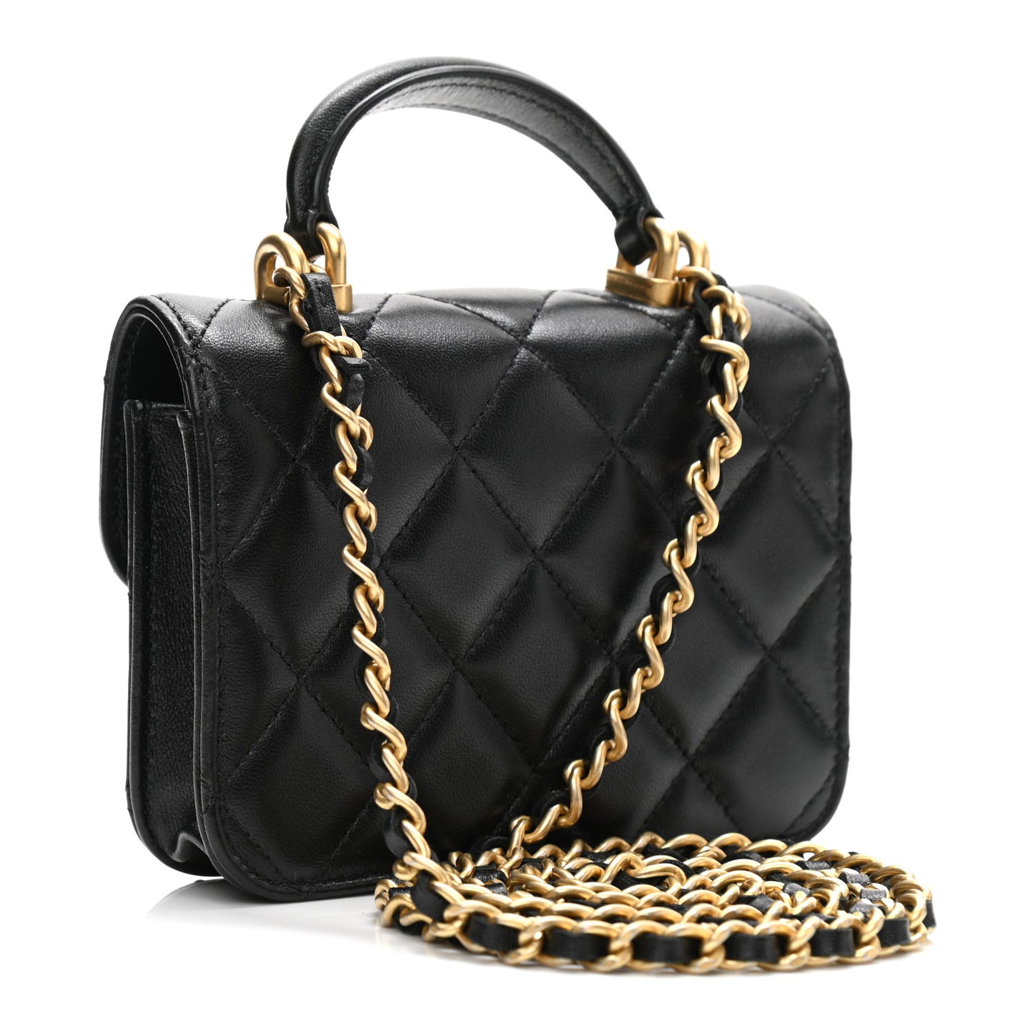 Lambskin Quilted Top Handle Flap Coin Purse With Chain Black