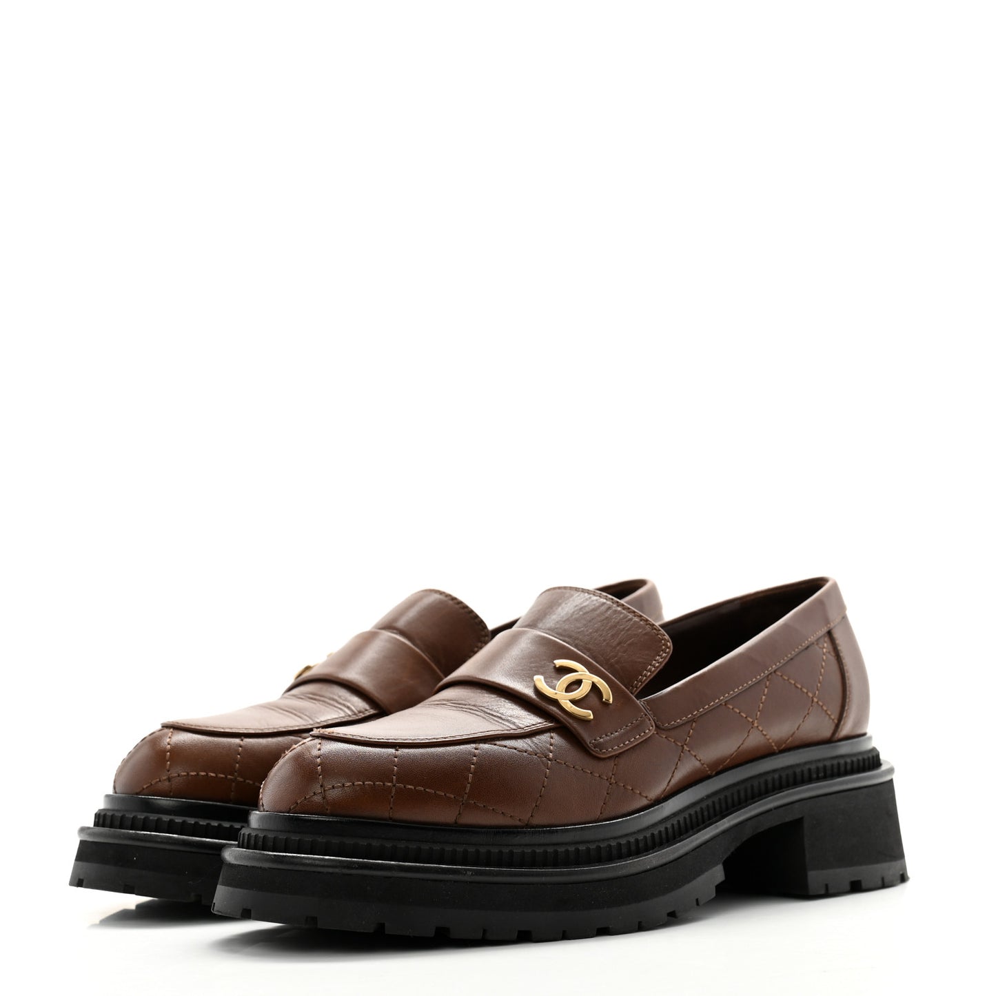 Calfskin Quilted CC Mocassin Loafers 38.5 Brown