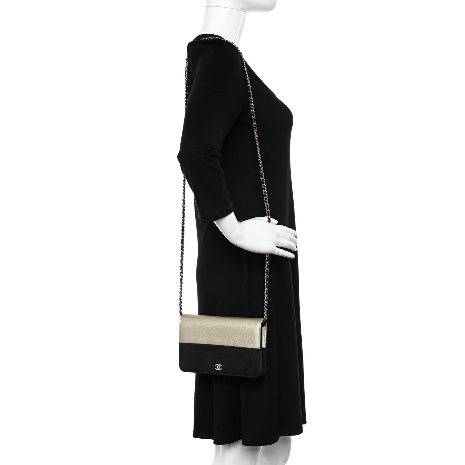 Chanel Metallic Caviar Suede Wallet On Chain WOC Gold Black 2 of 12