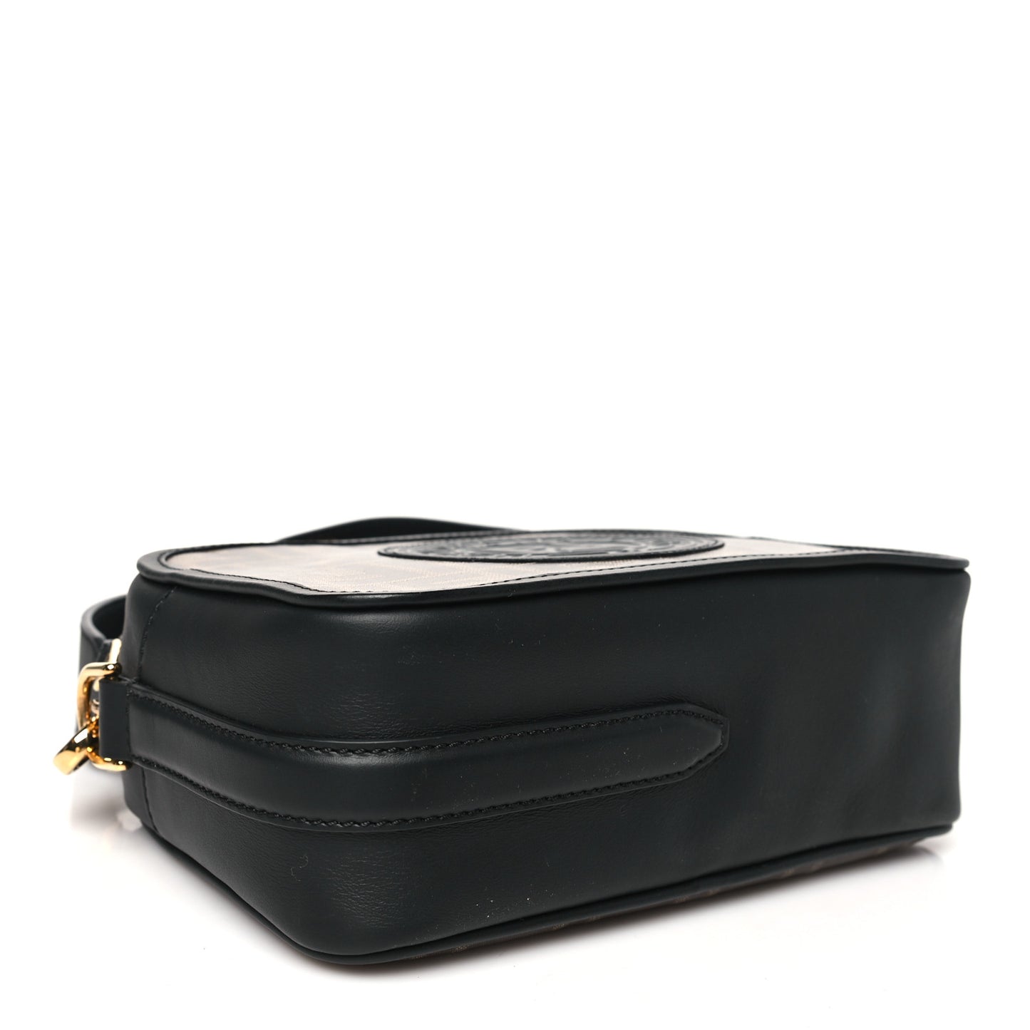 Glazed Fabric Vitello Century F is Fendi FF 1974 Stamp Patch Camera Case Mogano Panna Black