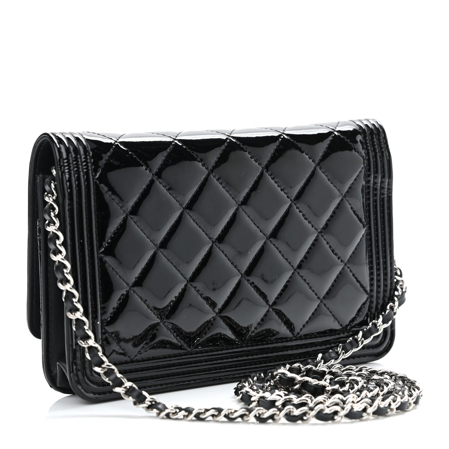 Patent Calfskin Quilted Boy Wallet On Chain WOC Black