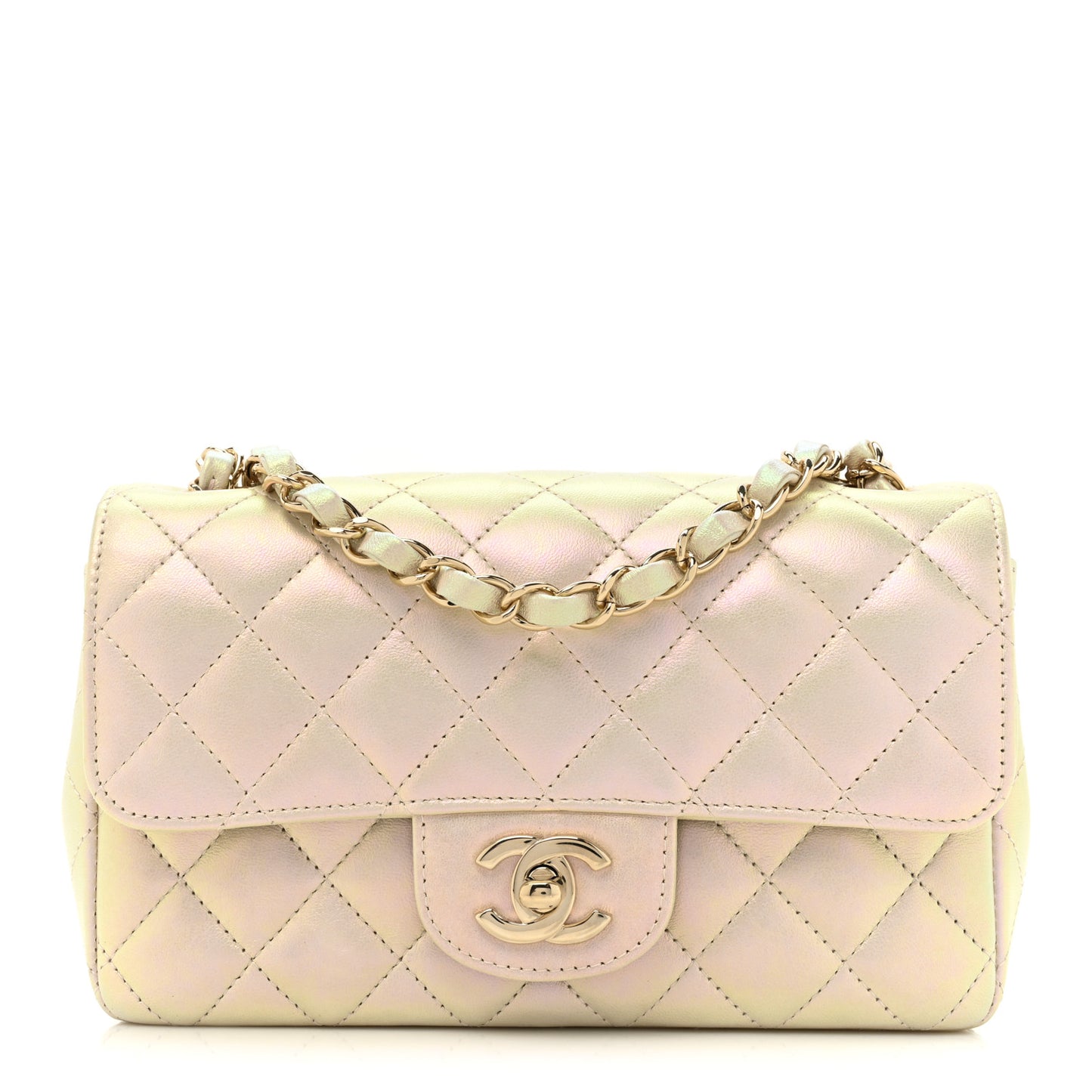 Iridescent Lambskin Quilted Mini Rectangular Flap Ivory