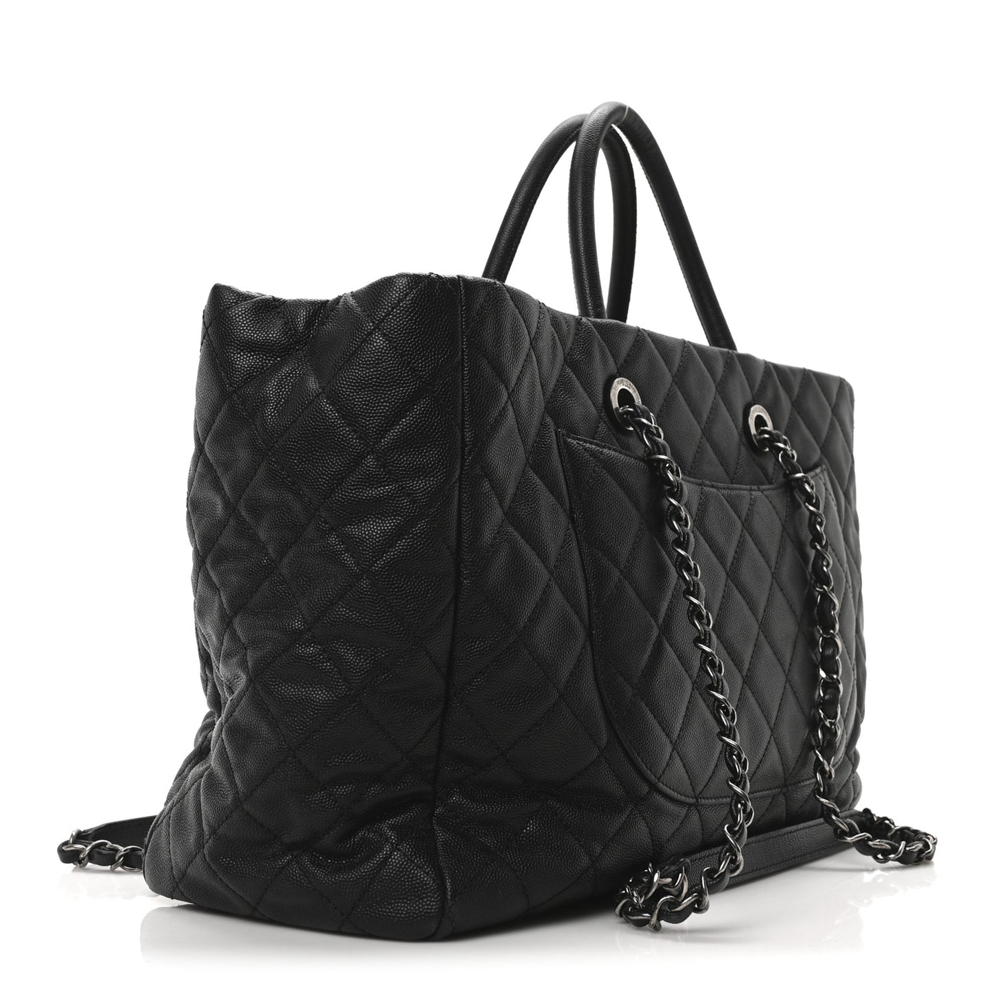 Caviar Quilted Large Coco Handle Shopping Tote Black