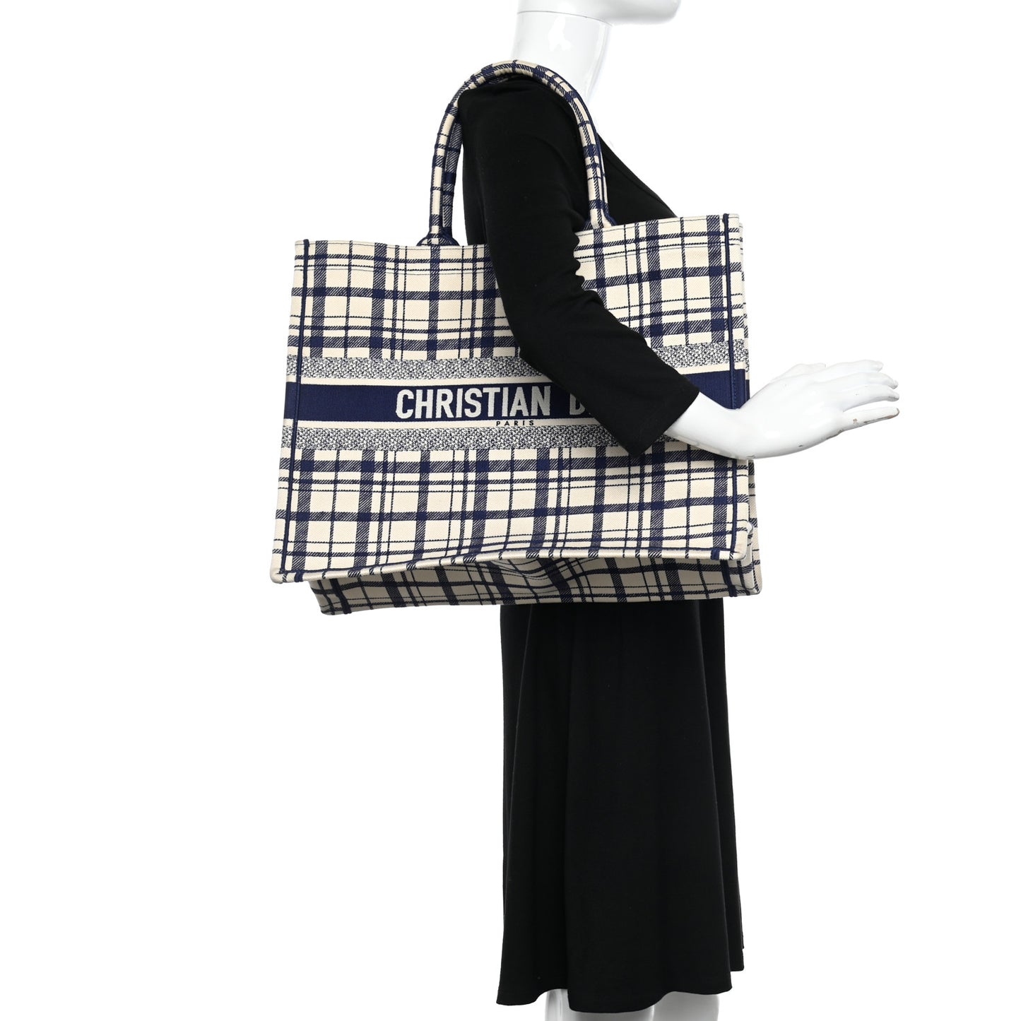 Canvas Embroidered Large Plaid Book Tote Navy