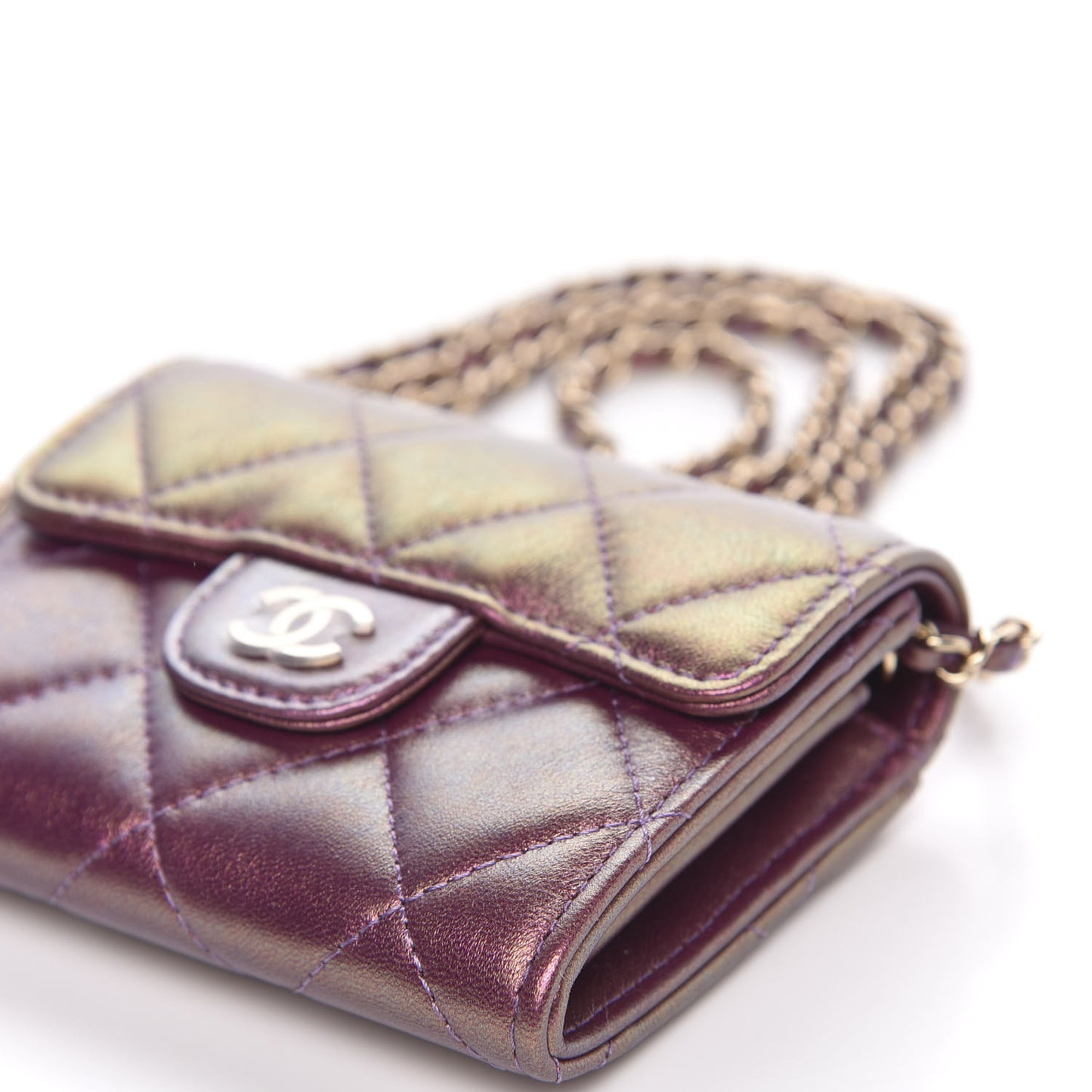 Iridescent Lambskin Quilted Flap Card Holder On Chain Purple