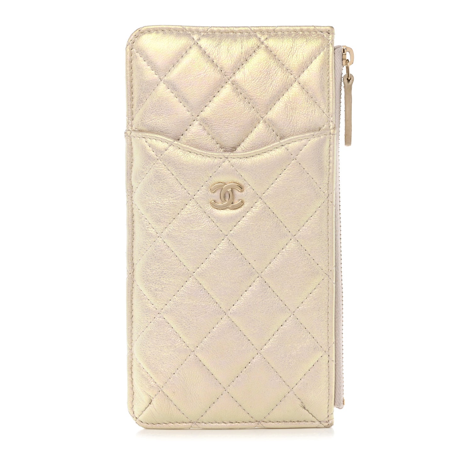 Iridescent Lambskin Quilted Classic Flat Wallet Pouch Ivory
