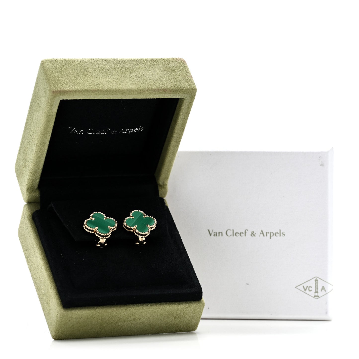 18K Yellow Gold Malachite Vintage Alhambra Earrings