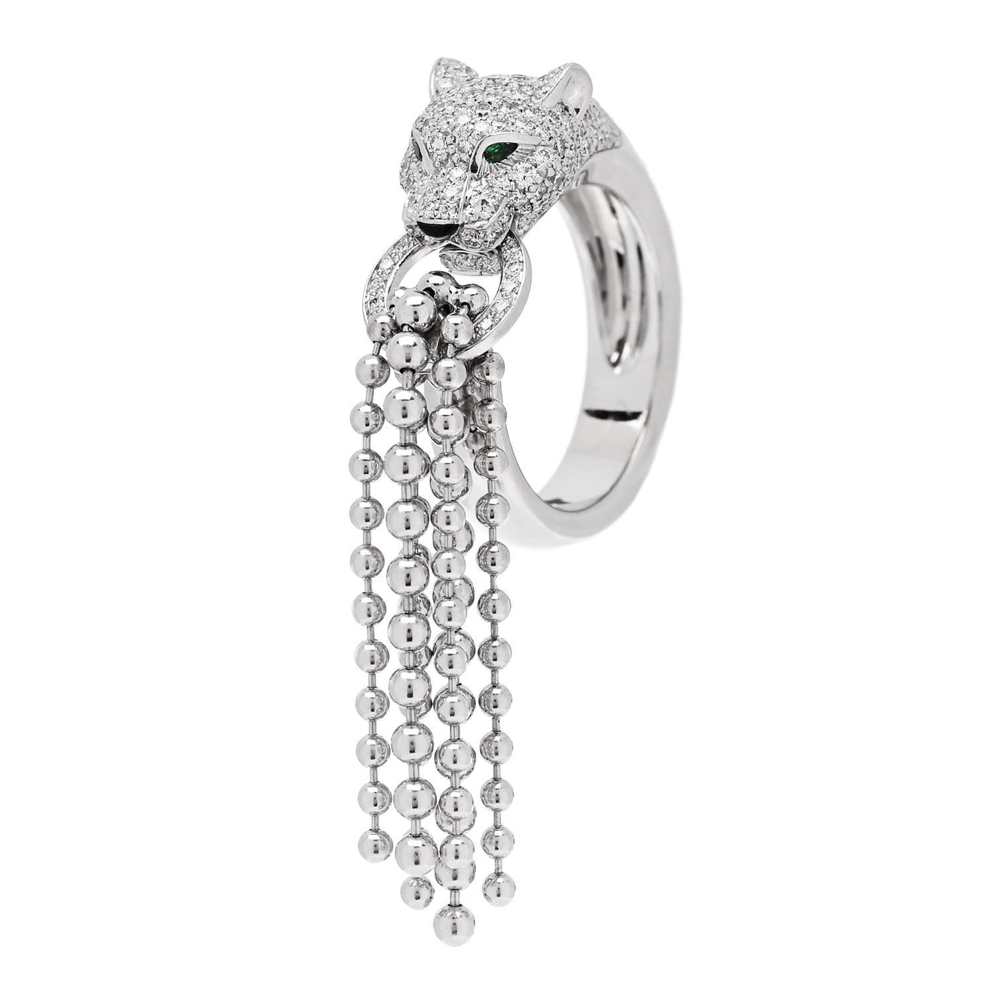 18K White Gold Diamond Black Onyx Emerald Panthere De Cartier Tassel Ring 53 6.5