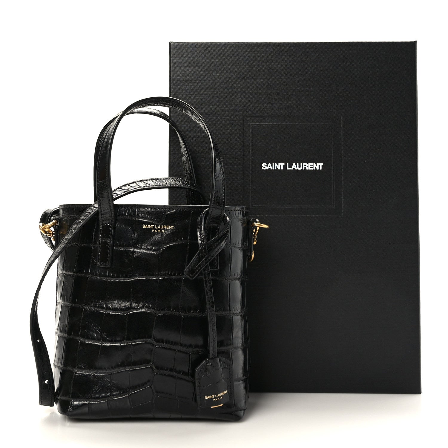 Saint Laurent Calfskin Crocodile Embossed Paris Mini Toy Shopper Tote Black 10 of 10