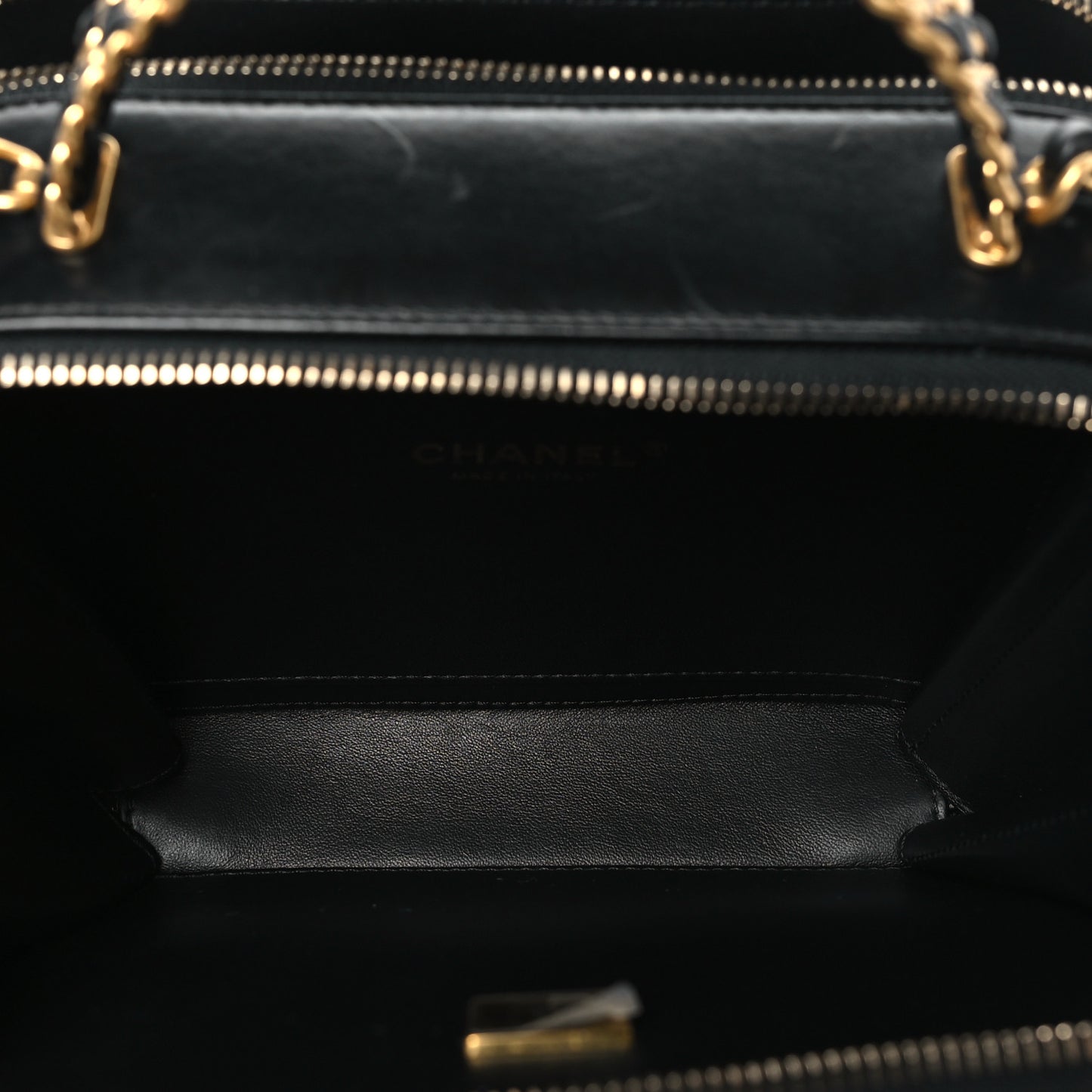 Shiny Calfskin Quilted Top Handle Vanity Black