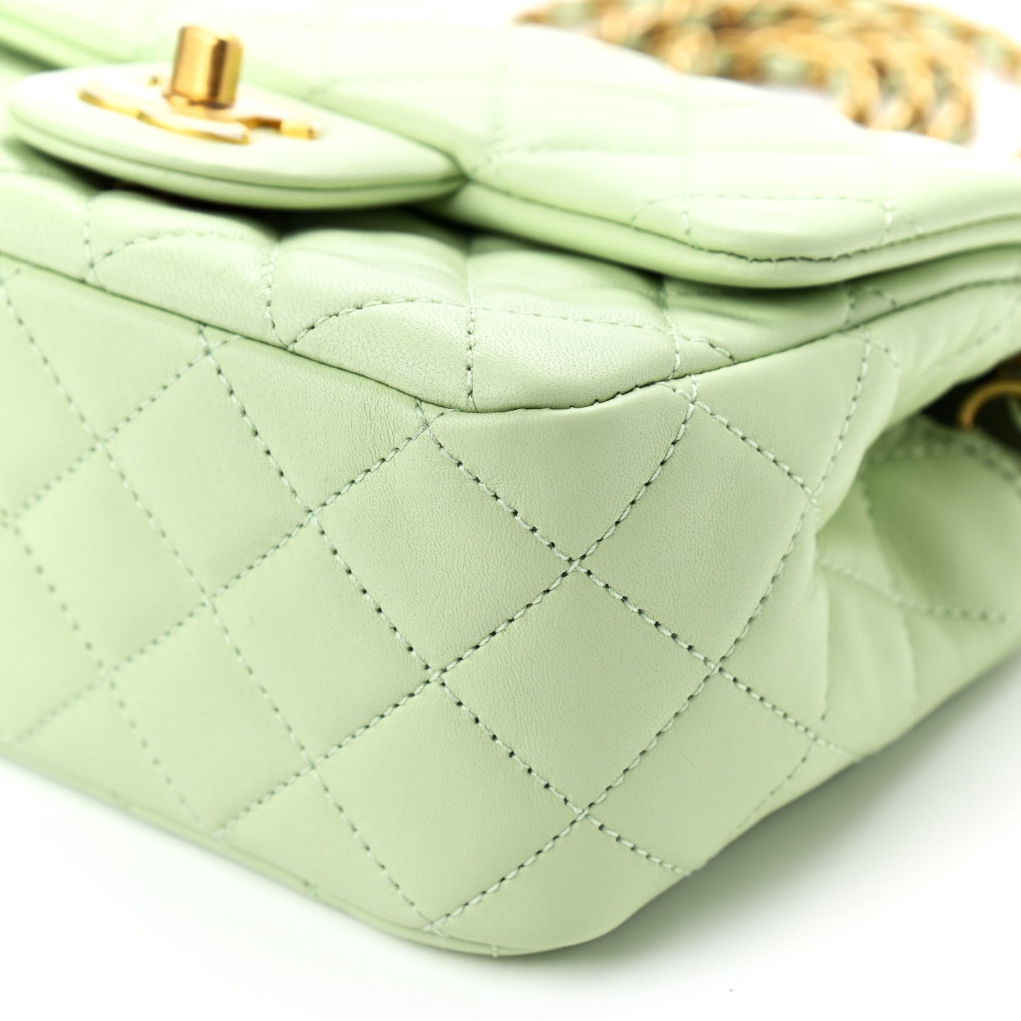 Lambskin Quilted Mini Pearl Crush Flap Light Green