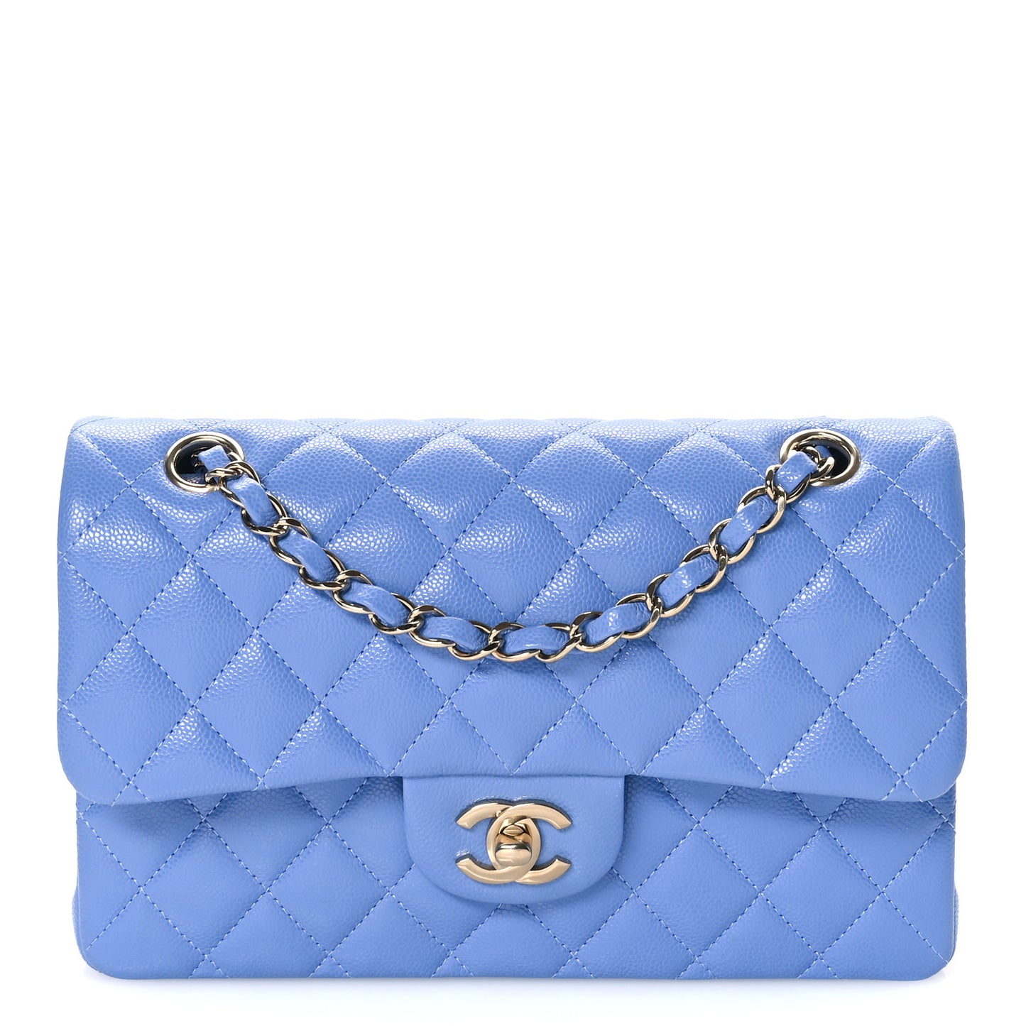 Caviar Quilted Small Double Flap Light Blue