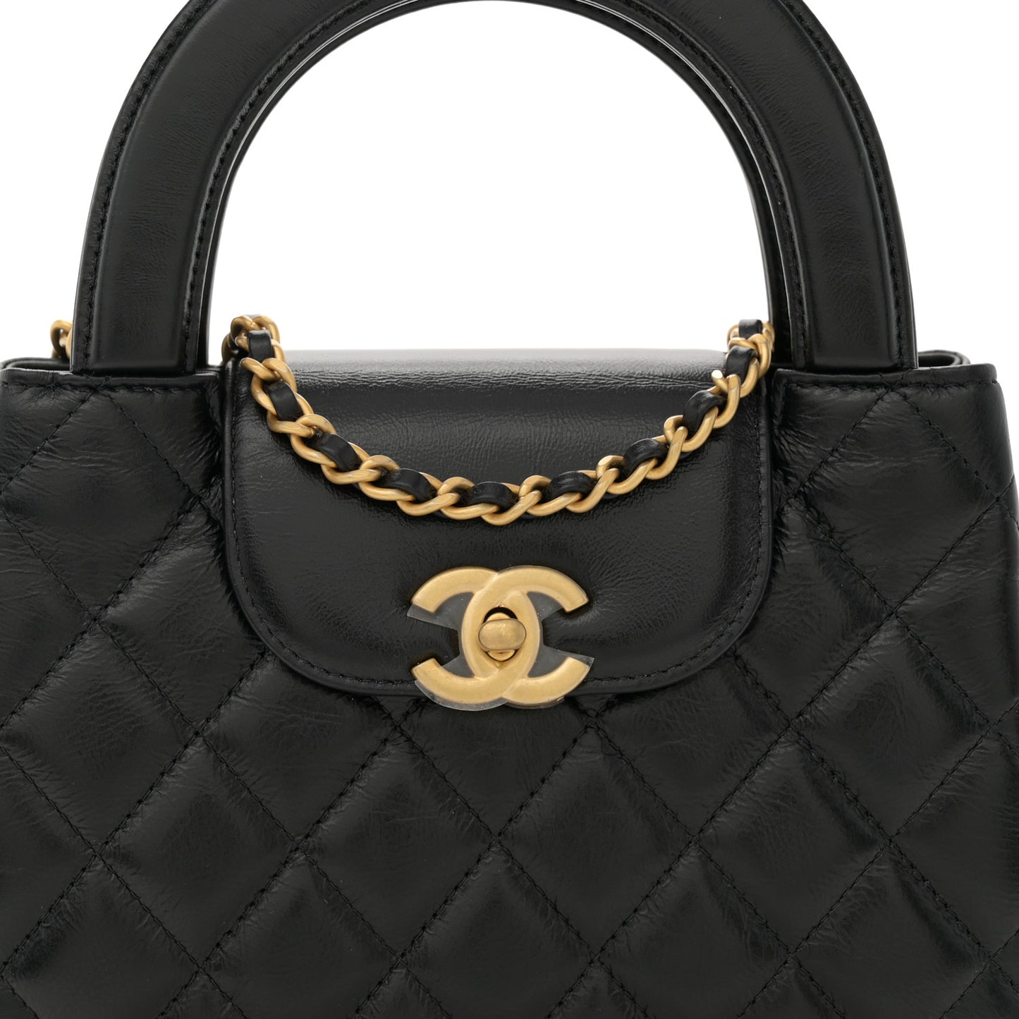 Shiny Aged Calfskin Quilted Nano Kelly Shopper Black