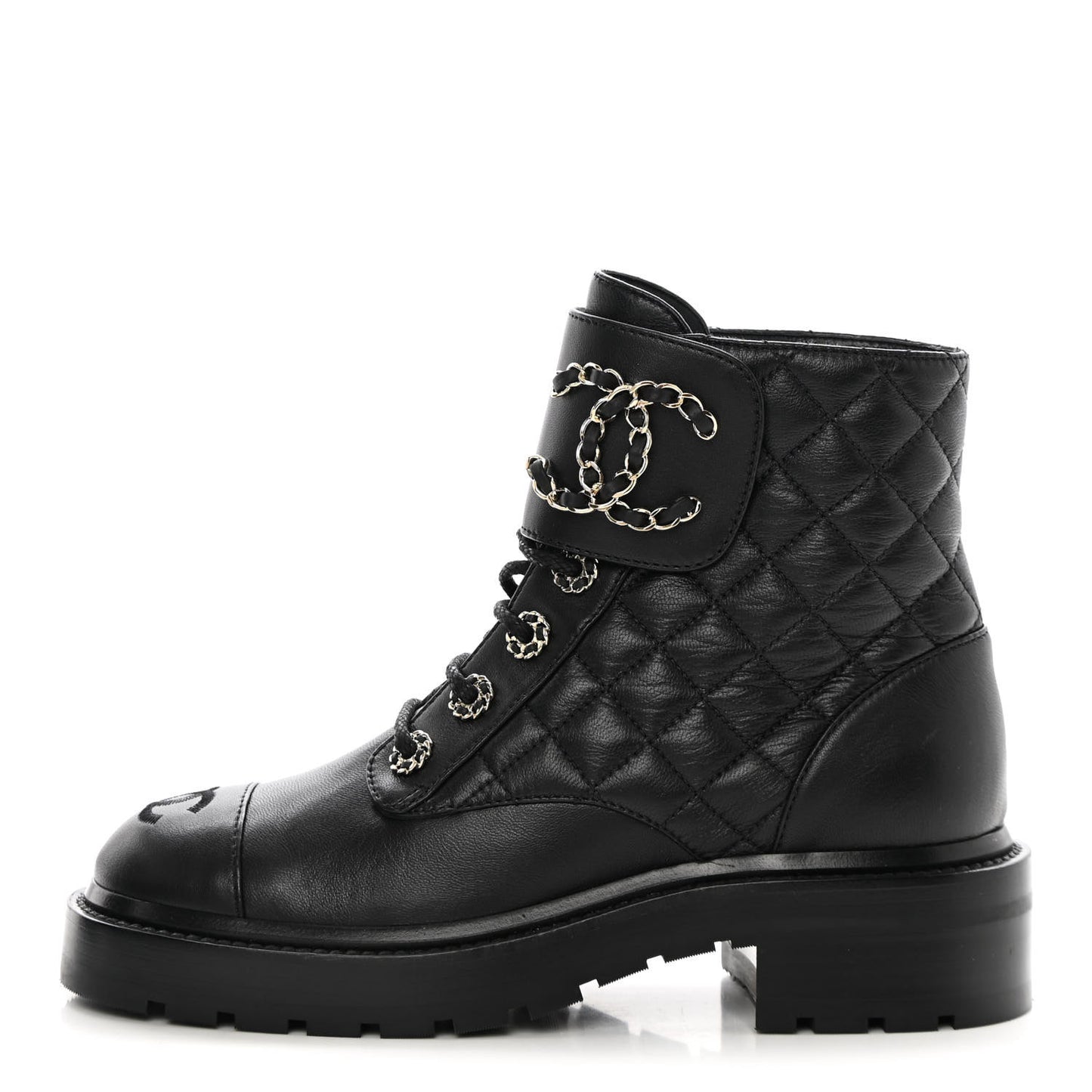Shiny Lambskin Quilted Lace Up Combat Boots 35.5 Black