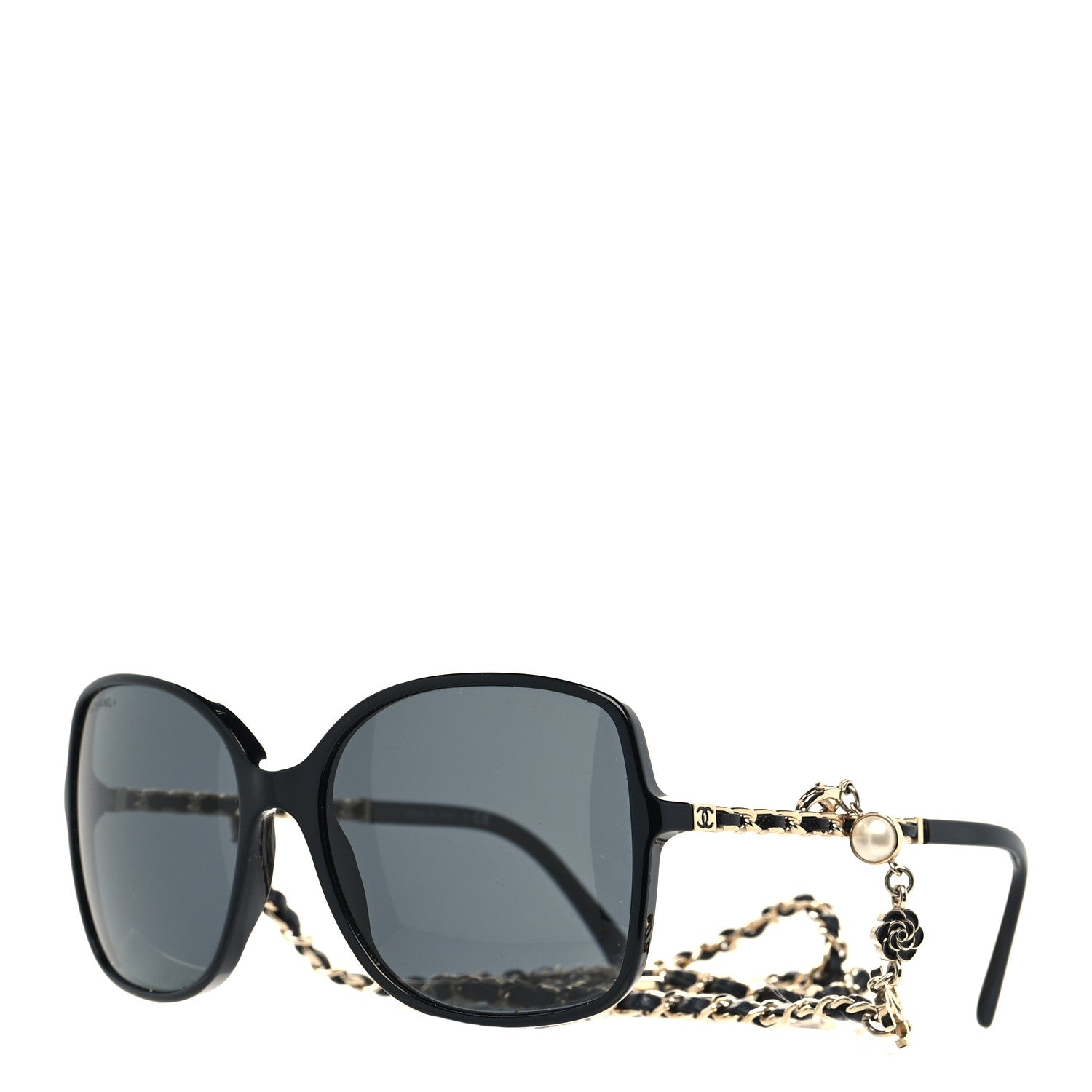 Chanel Acetate Metal Calfskin Square Chain Sunglasses 5210-Q Black Gray 1 of 9
