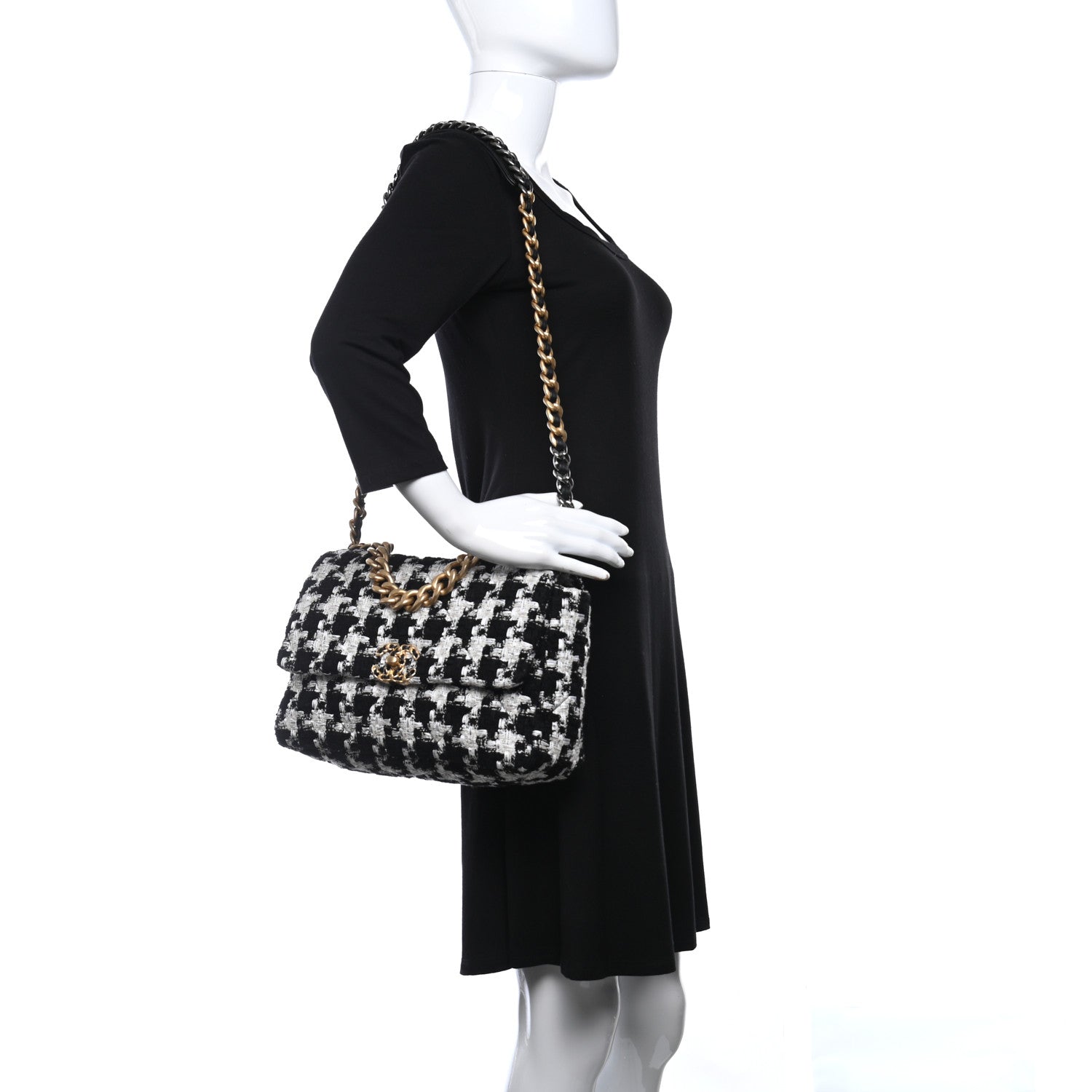 Chanel Tweed Quilted Large Chanel 19 Flap Black Ecru White 2 of 9