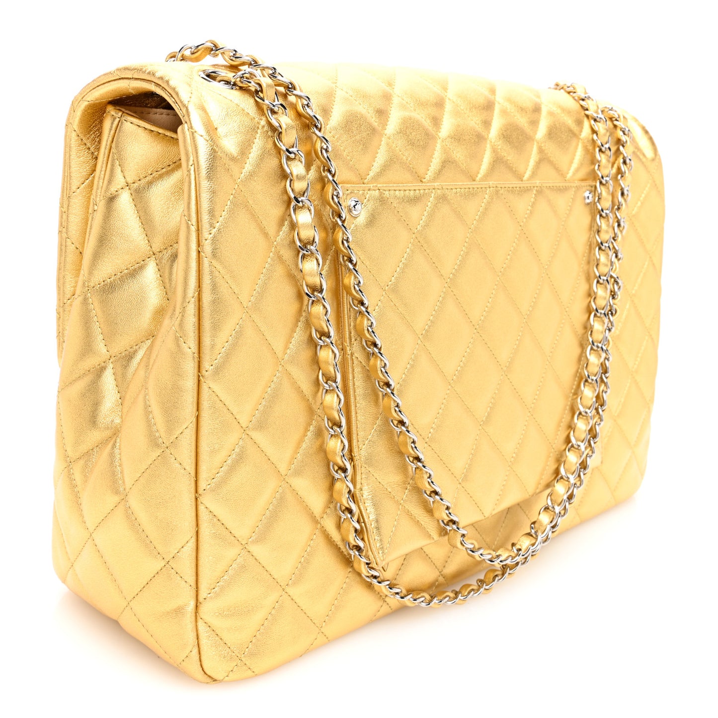 Metallic Lambskin Quilted XXL Travel Flap Bag Gold