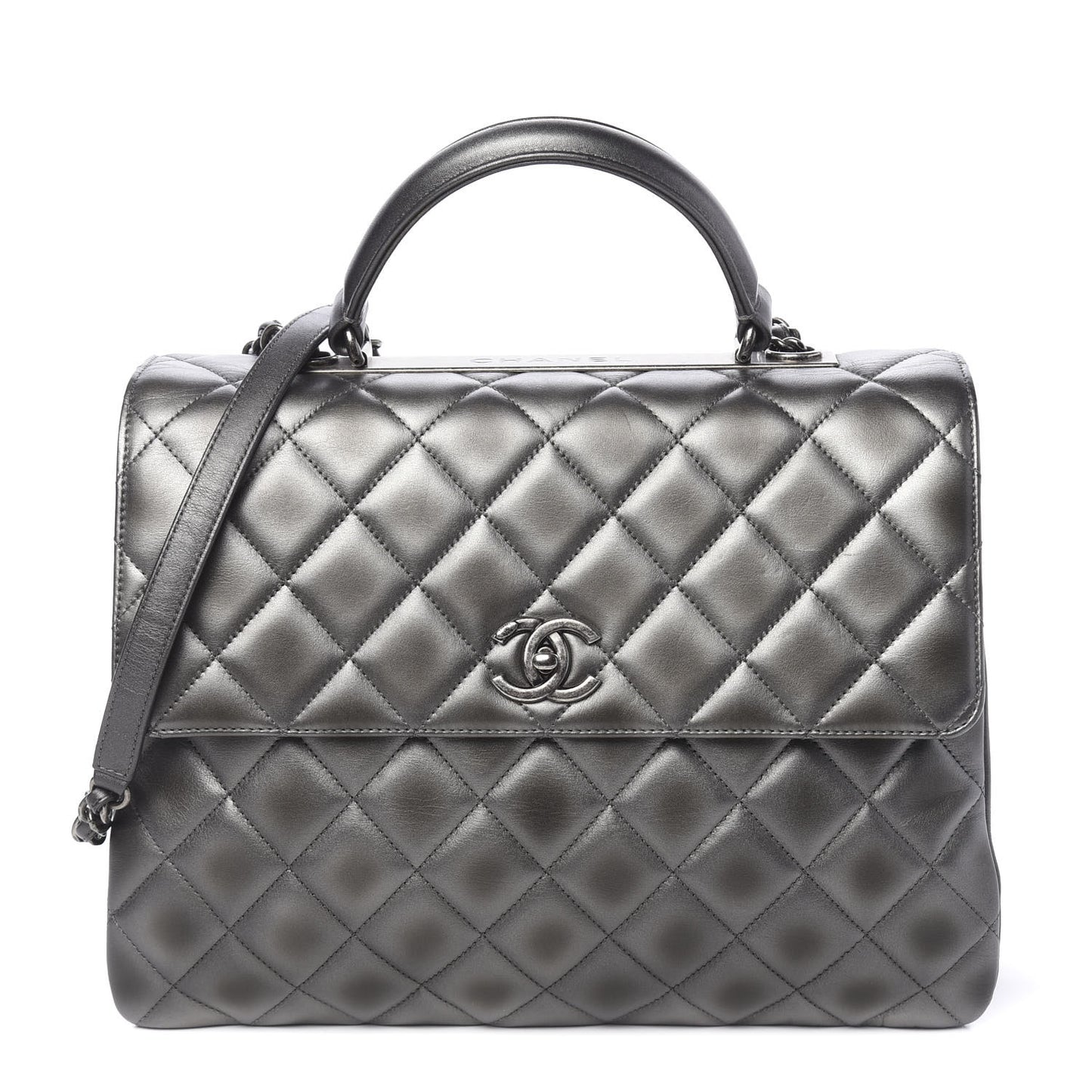 Metallic Calfskin Quilted Large Trendy CC Flap Dual Handle Bag Dark Silver