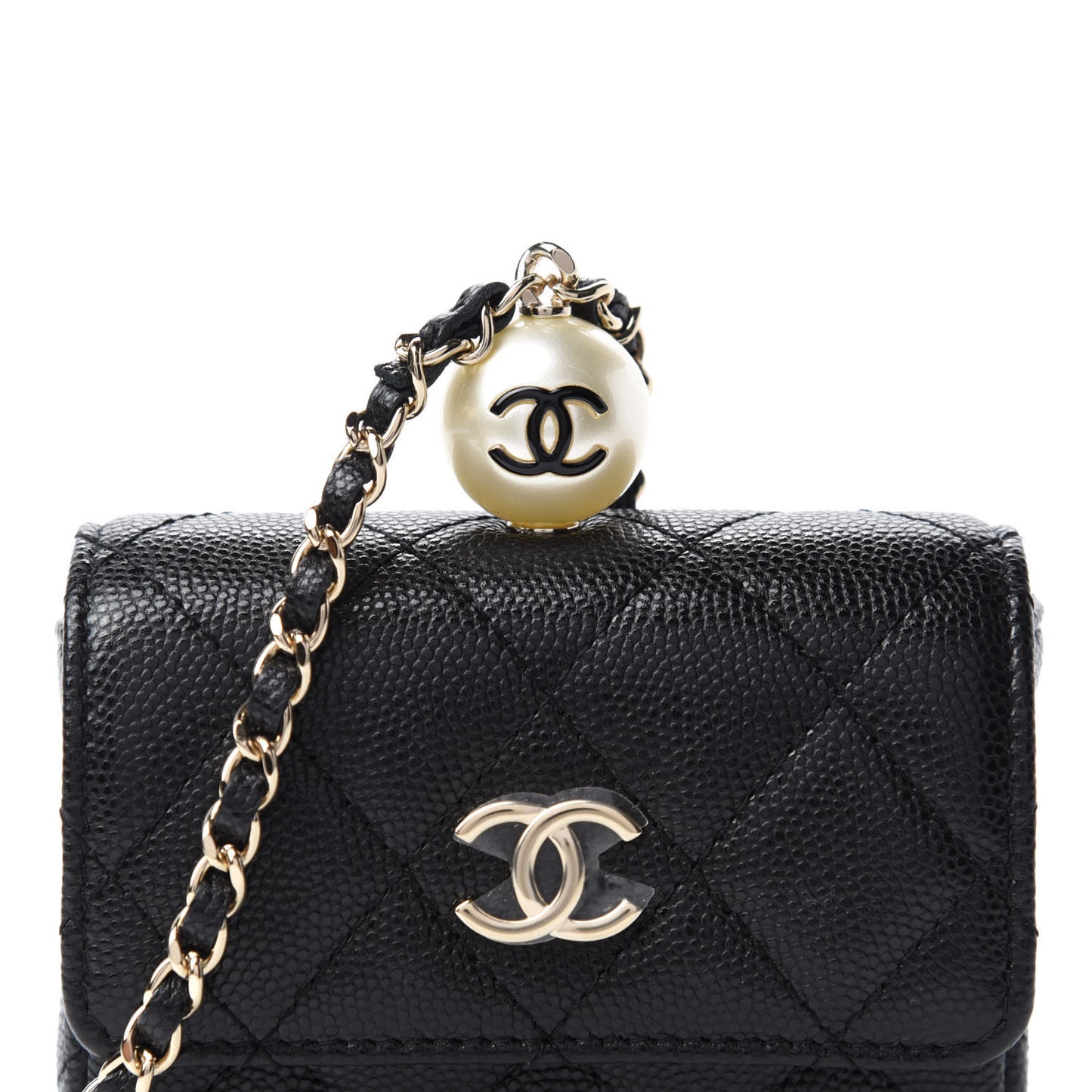Caviar Quilted Pearl Card Holder On Chain Black