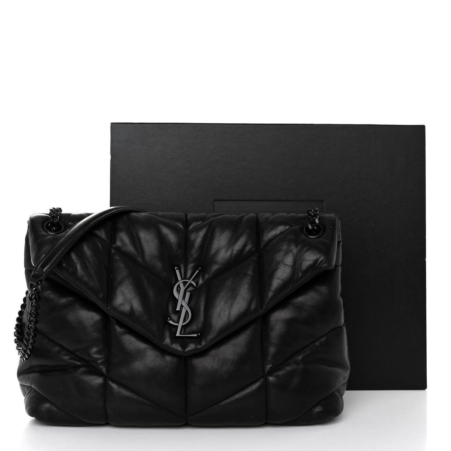 Lambskin Quilted Monogram Monochrome Medium Loulou Puffer Chain Satchel Black