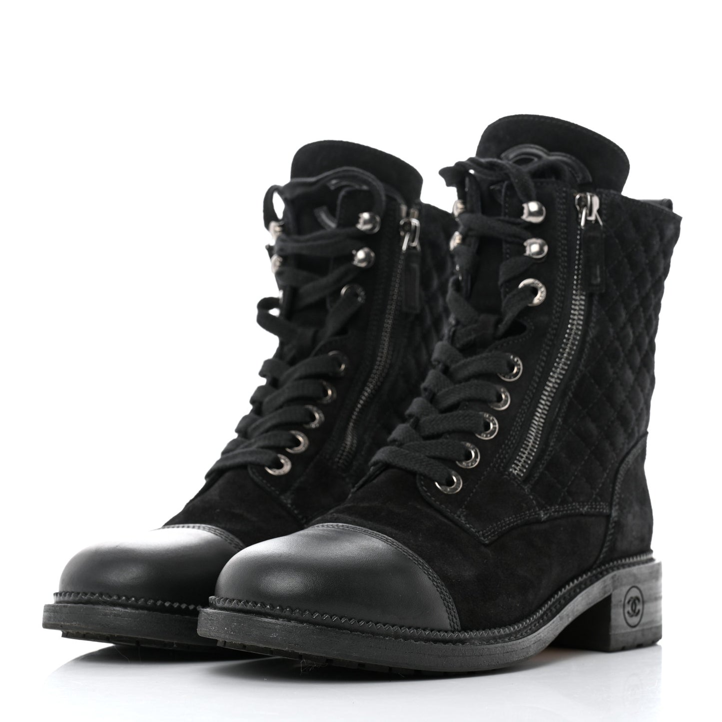 Suede Quilted CC Lace Up Combat Boots 38.5 Black