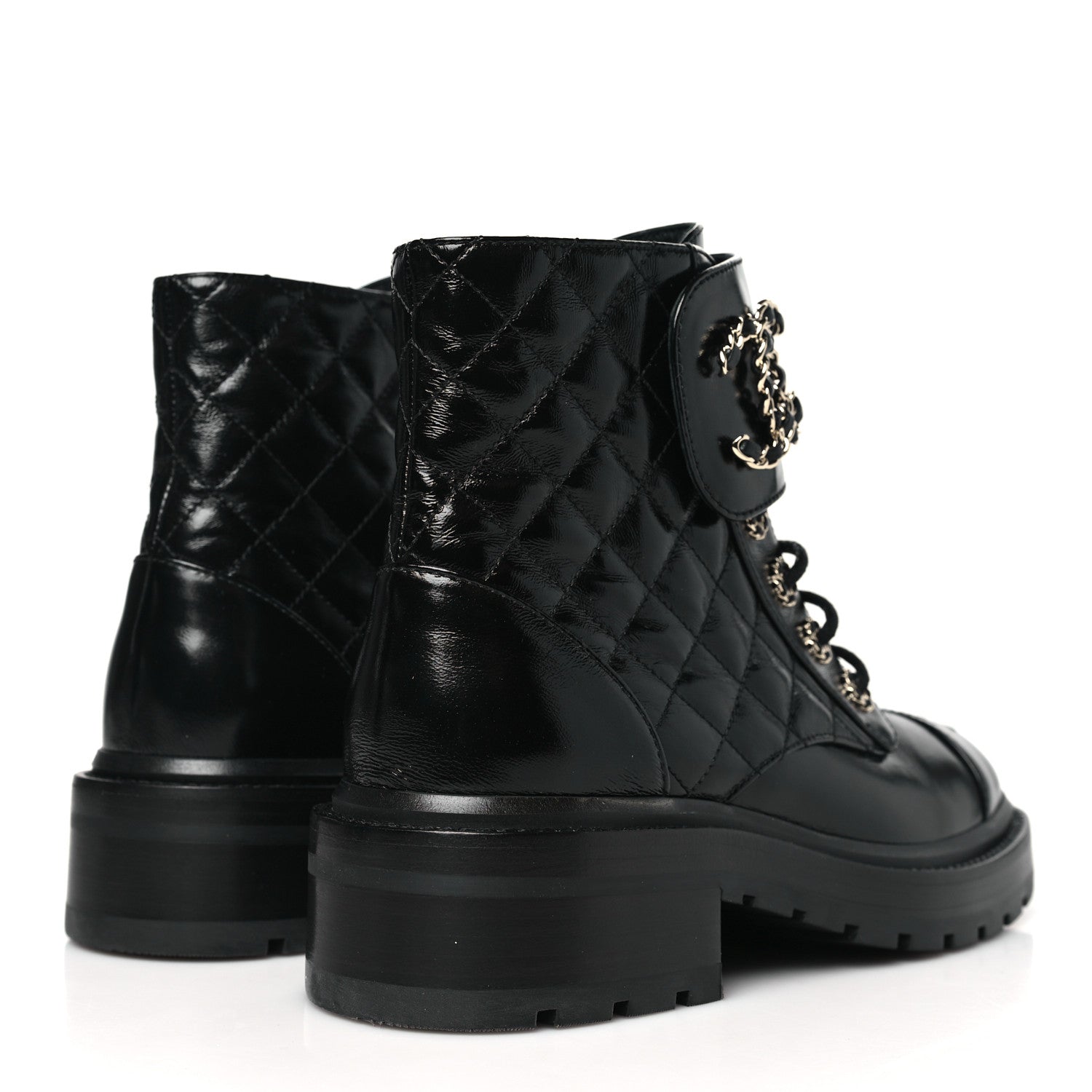 Chanel Shiny Goatskin Calfskin Quilted Lace Up Combat Boots 36 Black 4 of 8