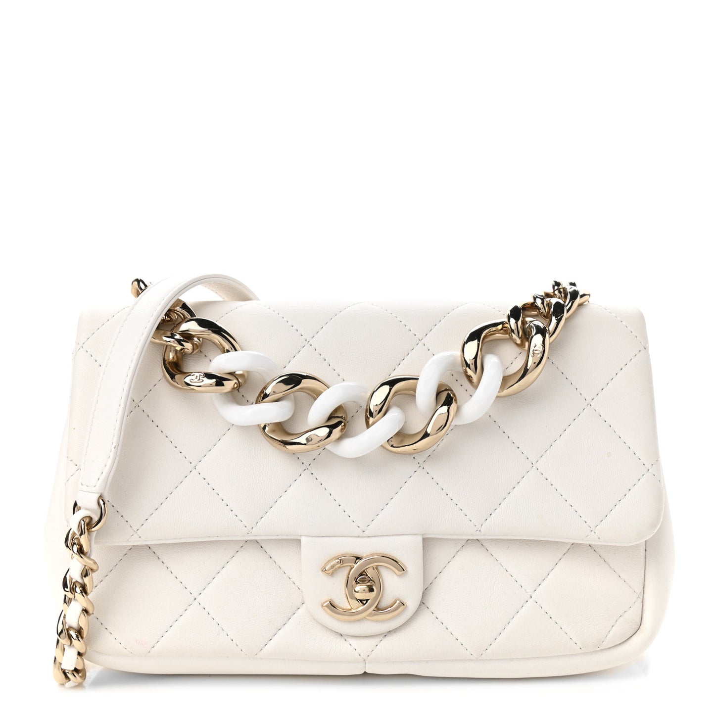 Lambskin Quilted Resin Bi-Color Chain Flap Bag White