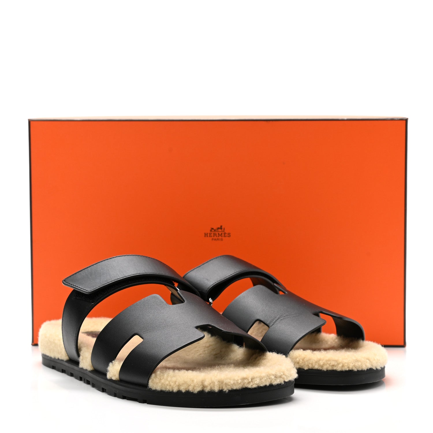 Hermes Veau Indios Woolskin Mens Chypre Sandals 42 Black Ecru 11 of 11