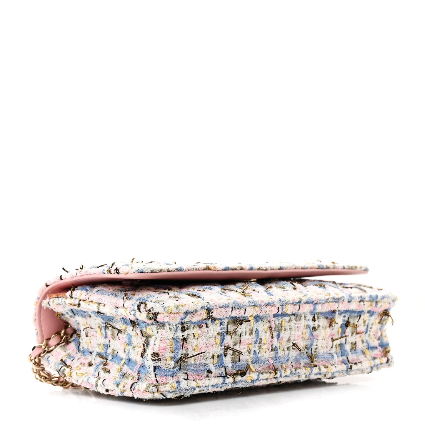 Tweed Quilted Wallet On Chain WOC Blue Pink Gold