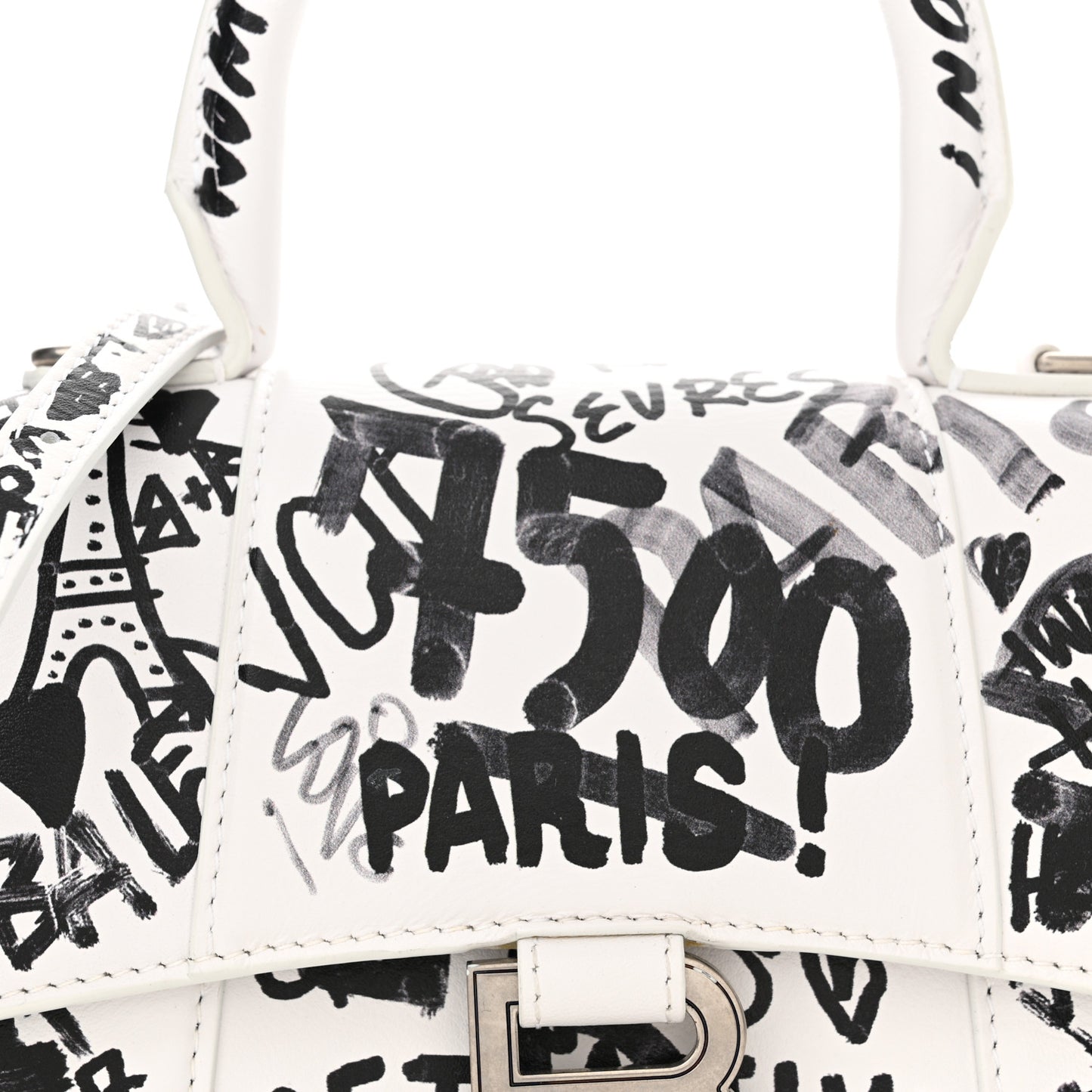 Smooth Calfskin Graffiti Hourglass Top Handle Bag XS White Black