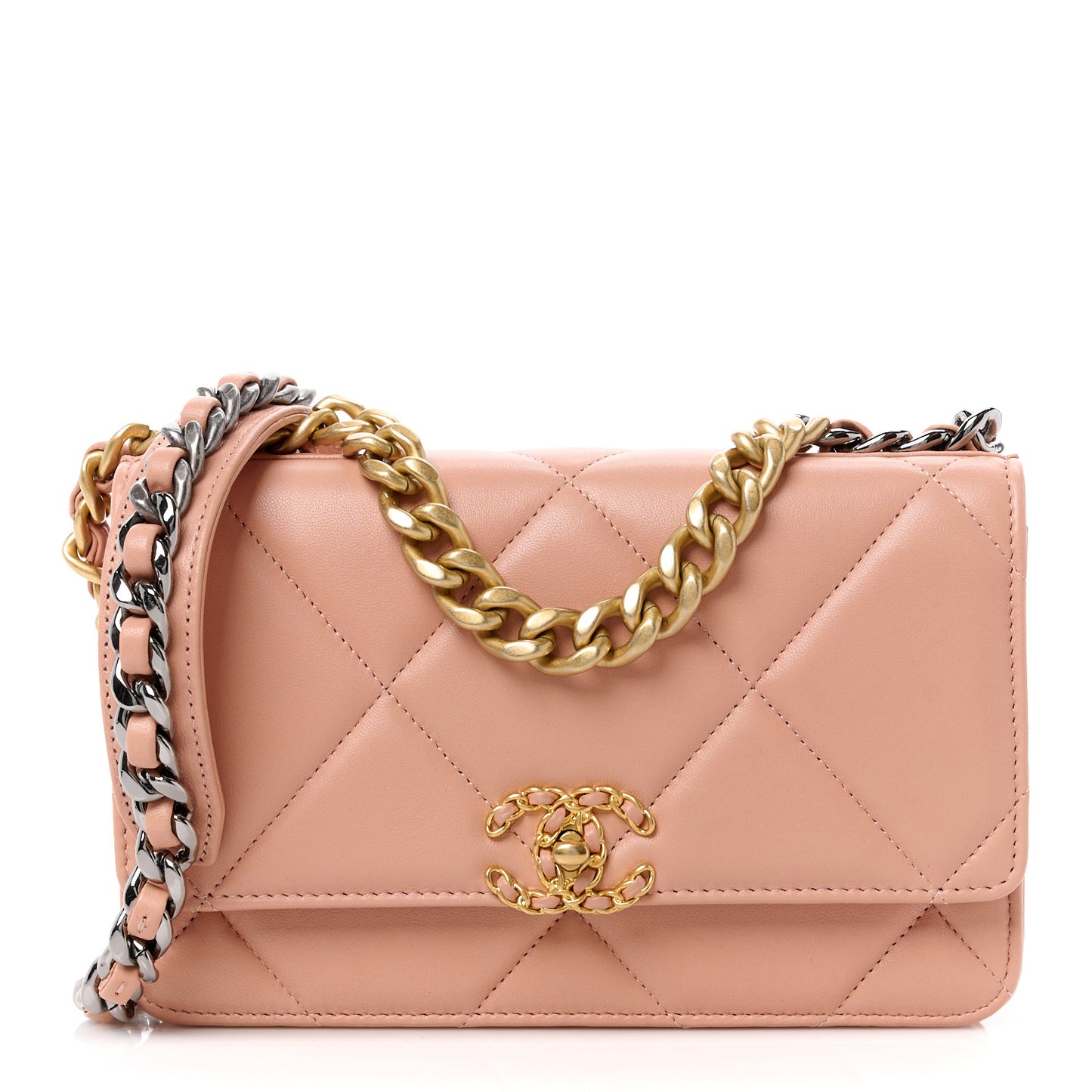 Lambskin Quilted Chanel 19 Wallet On Chain WOC Beige