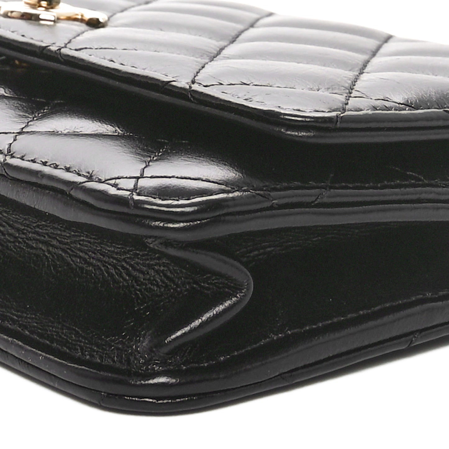 Shiny Aged Calfskin Enamel Logo Quilted Wallet On Chain WOC Black
